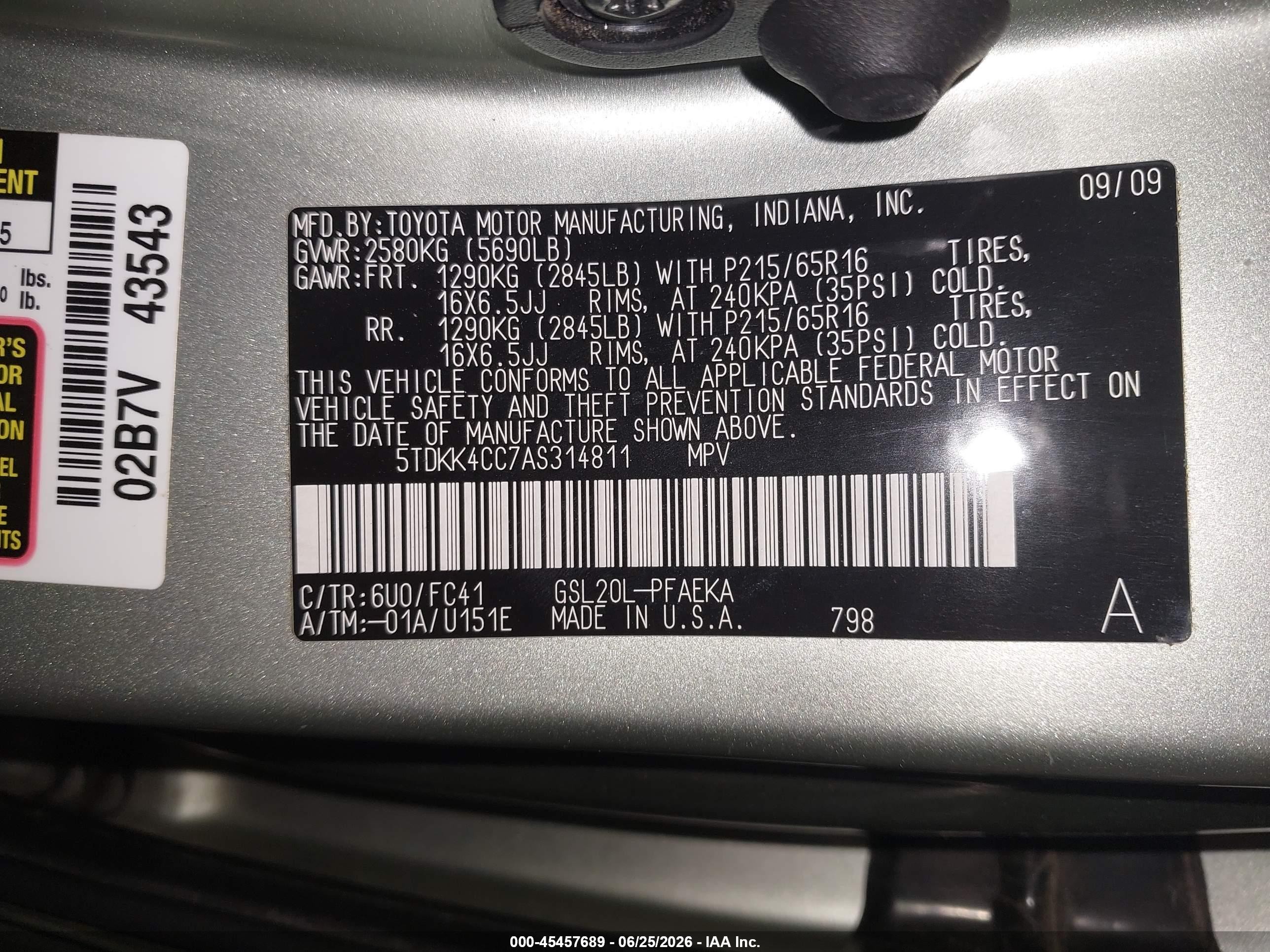 2010 Toyota Sienna Le Green vin: 5TDKK4CC7AS314811