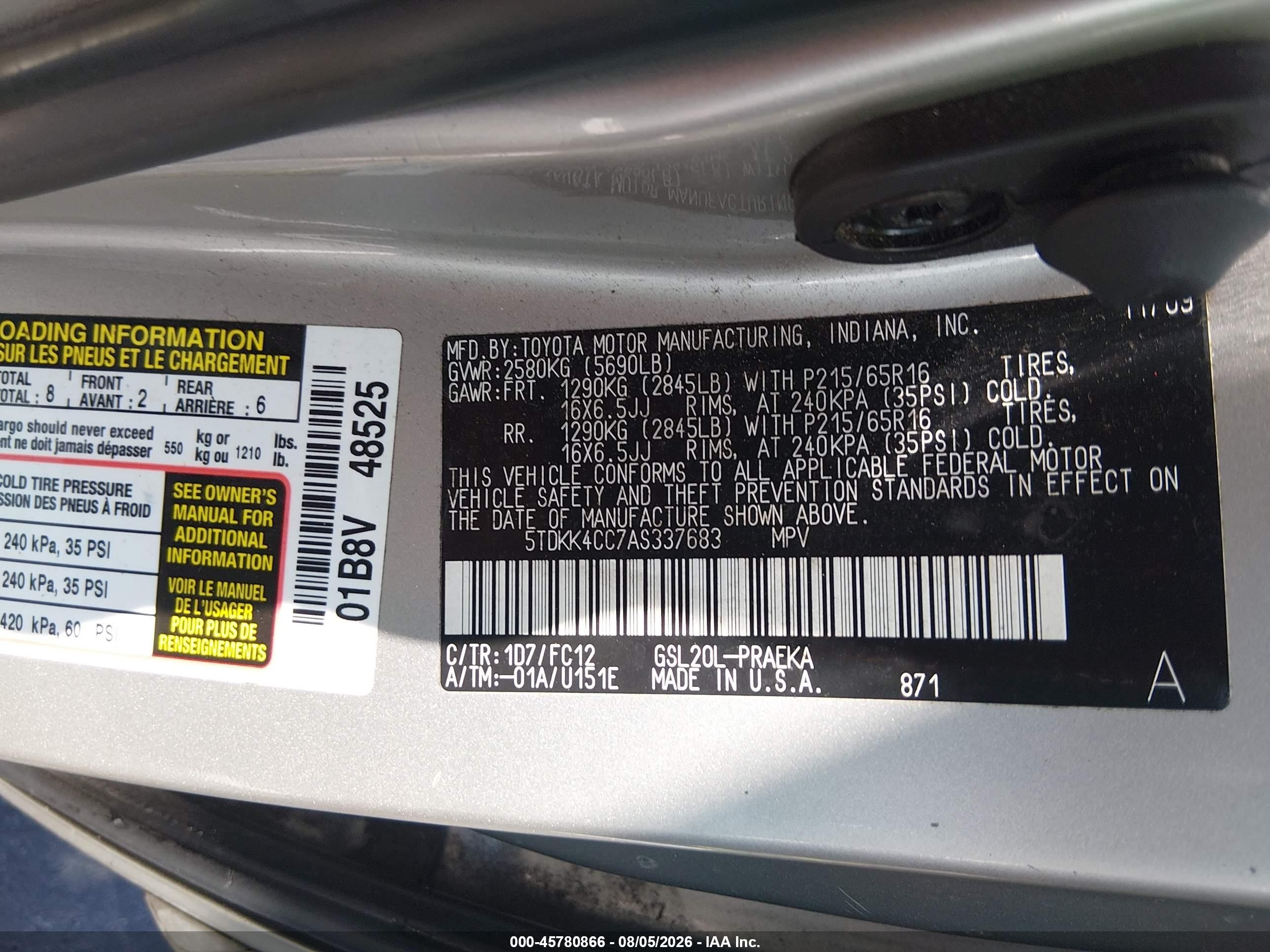 2010 Toyota Sienna Le Silver vin: 5TDKK4CC7AS337683