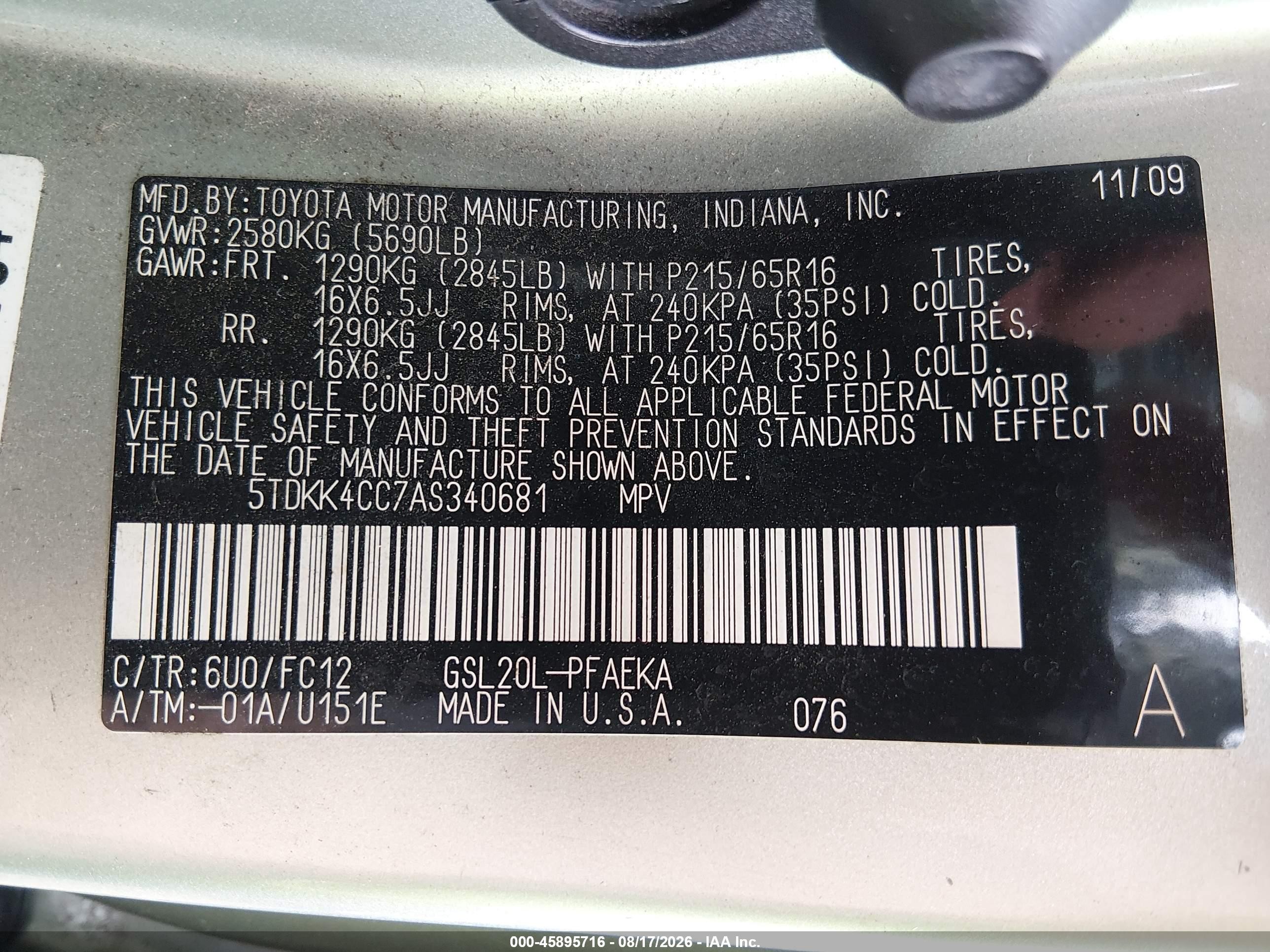 2010 Toyota Sienna Le Gray vin: 5TDKK4CC7AS340681