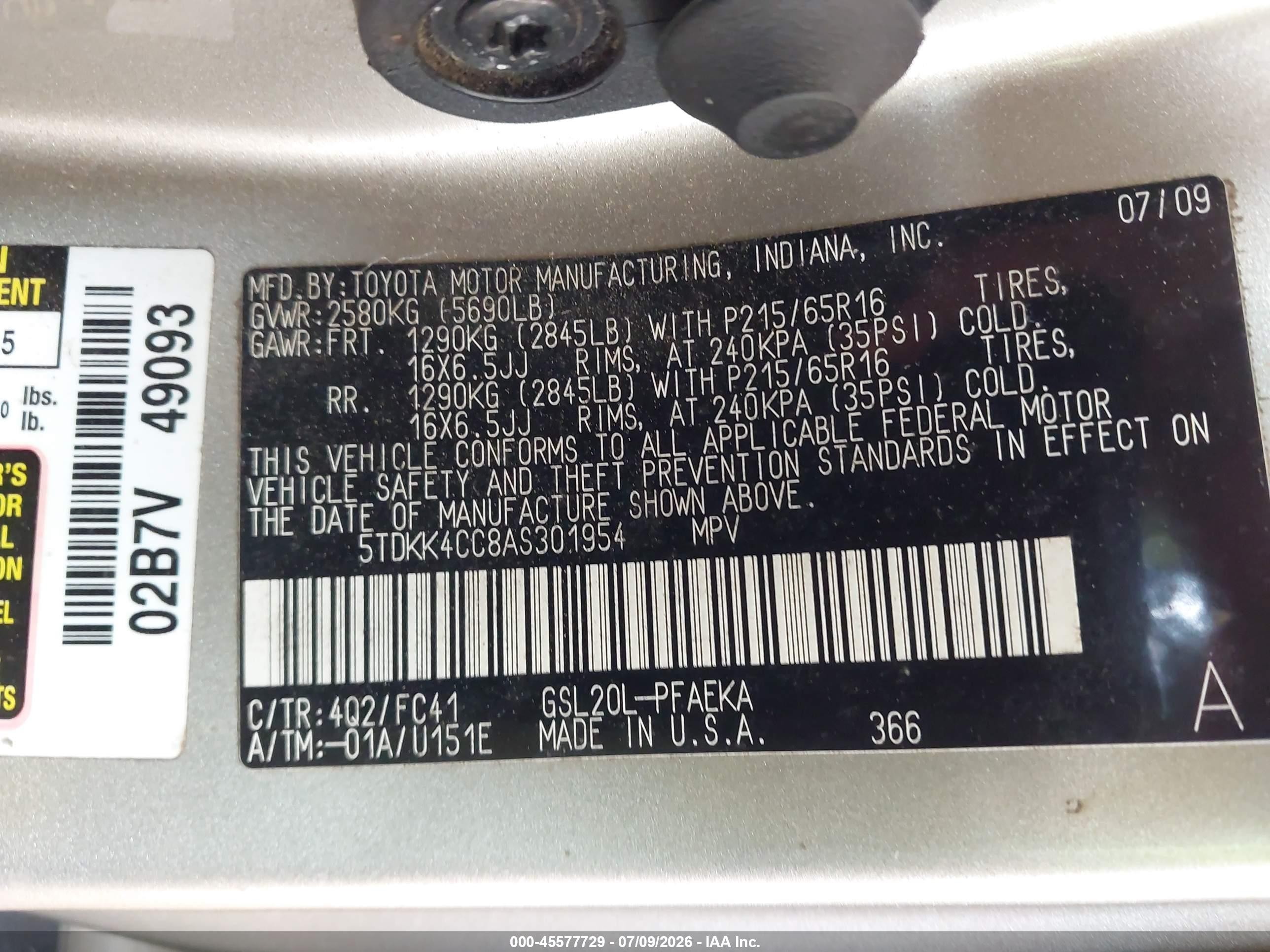 2010 Toyota Sienna Le Champagne vin: 5TDKK4CC8AS301954