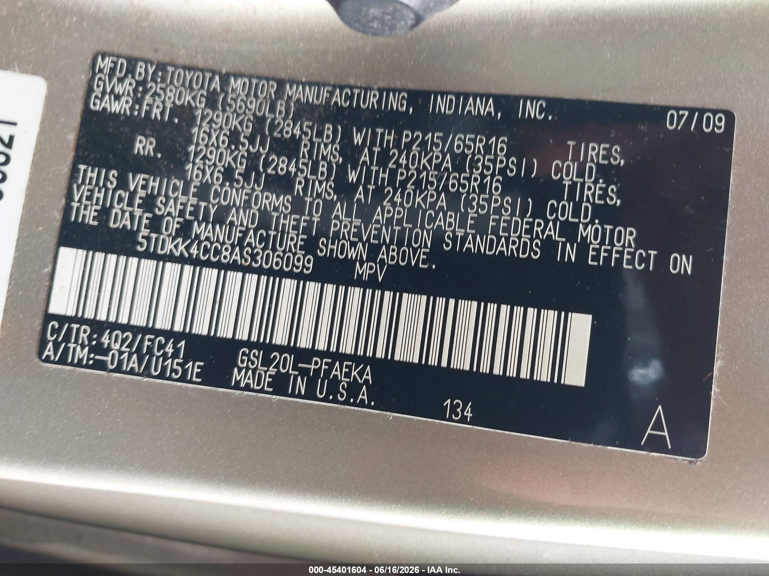 2010 Toyota Sienna Le Gold vin: 5TDKK4CC8AS306099