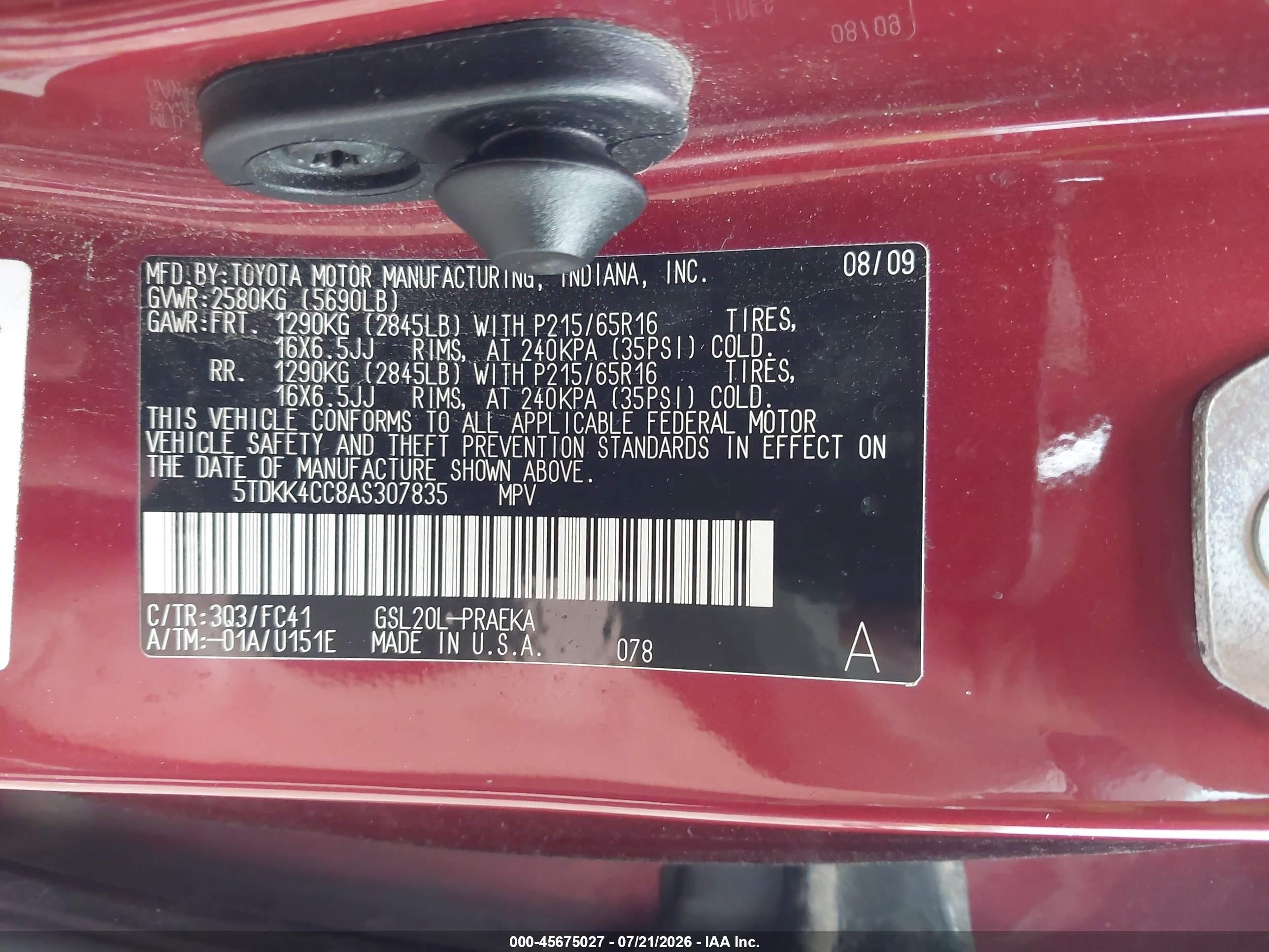 2010 Toyota Sienna Le Red vin: 5TDKK4CC8AS307835