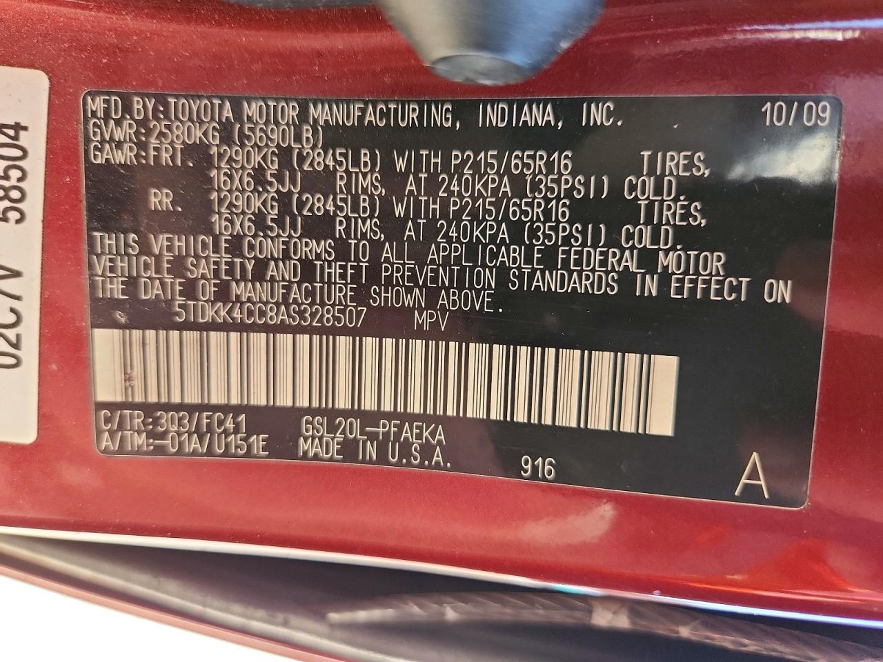 2010 Toyota Sienna Le 7-passenger Red vin: 5TDKK4CC8AS328507