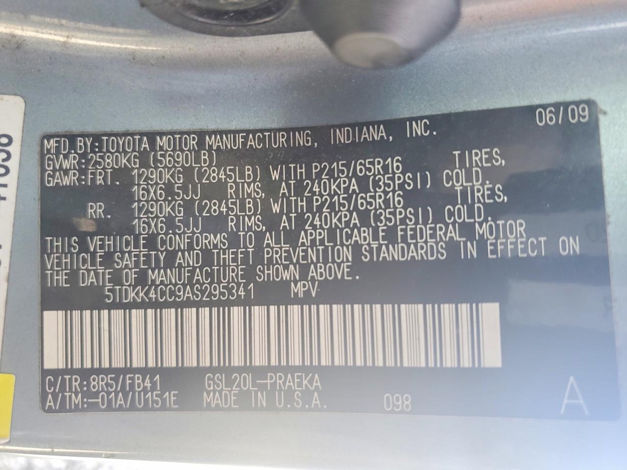 2010 Toyota Sienna Ce 8-passenger Blue vin: 5TDKK4CC9AS295341