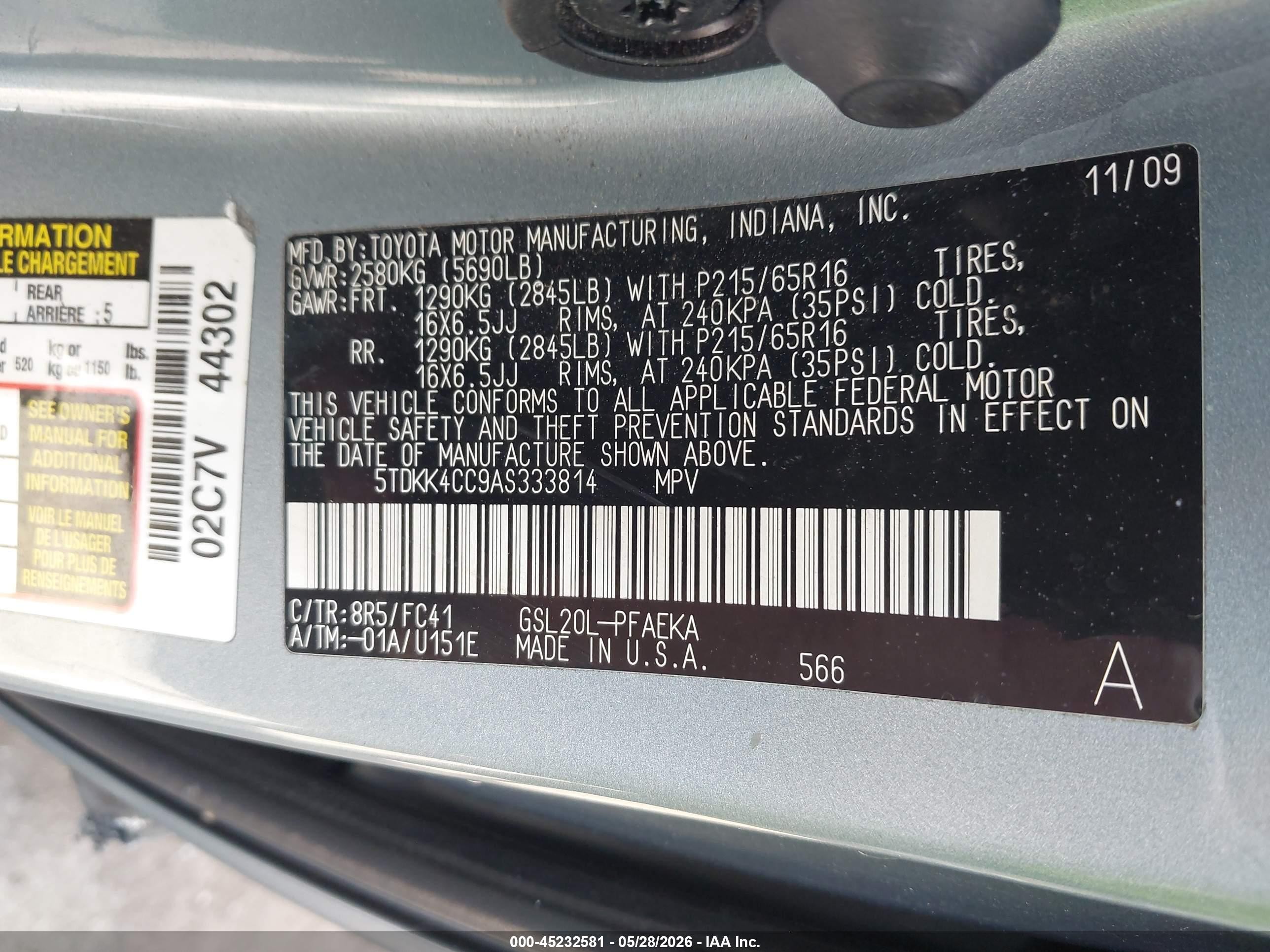 2010 Toyota Sienna Le Синий vin: 5TDKK4CC9AS333814
