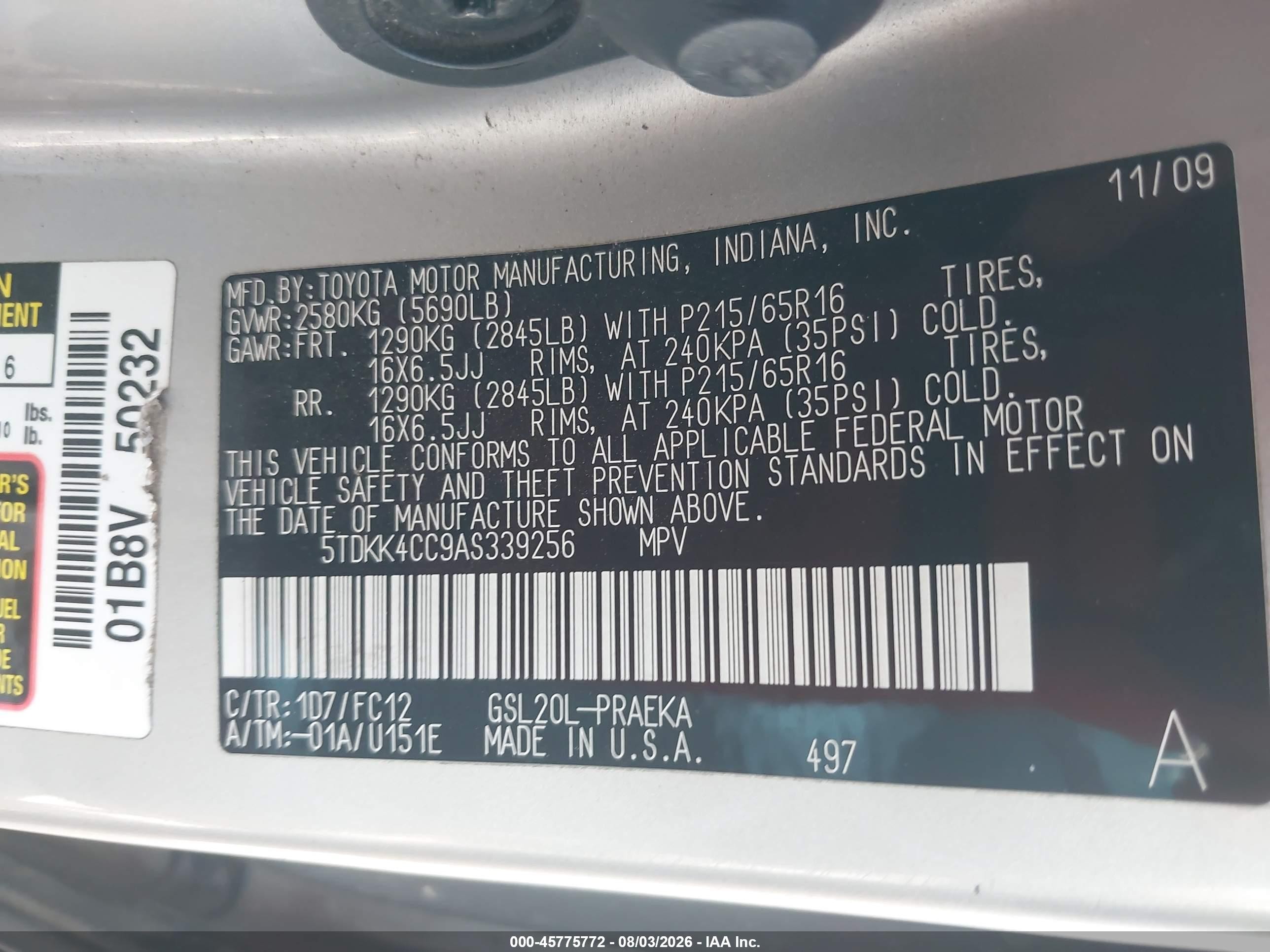 2010 Toyota Sienna Ce/le Silver vin: 5TDKK4CC9AS339256