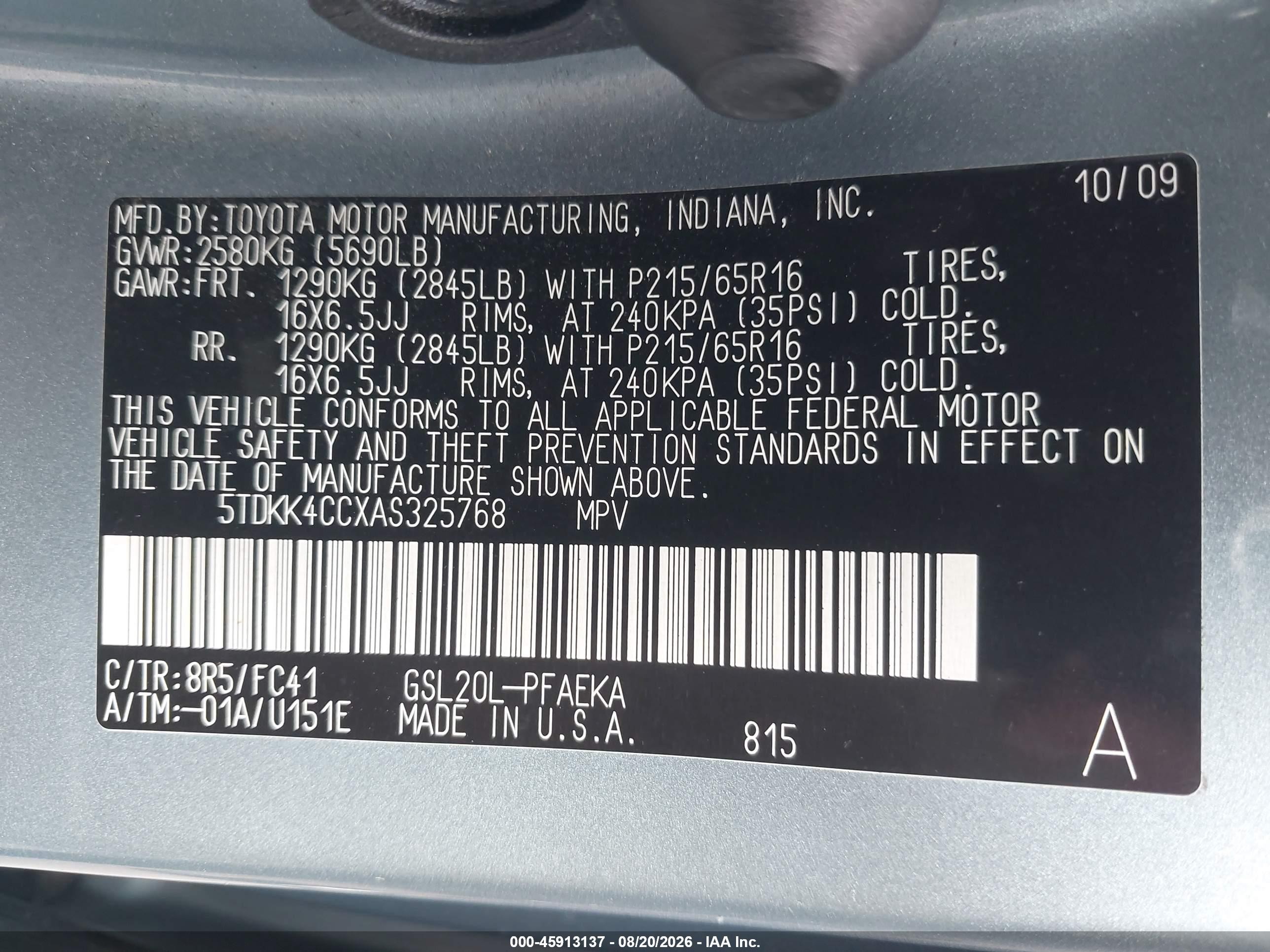 2010 Toyota Sienna Le Blue vin: 5TDKK4CCXAS325768