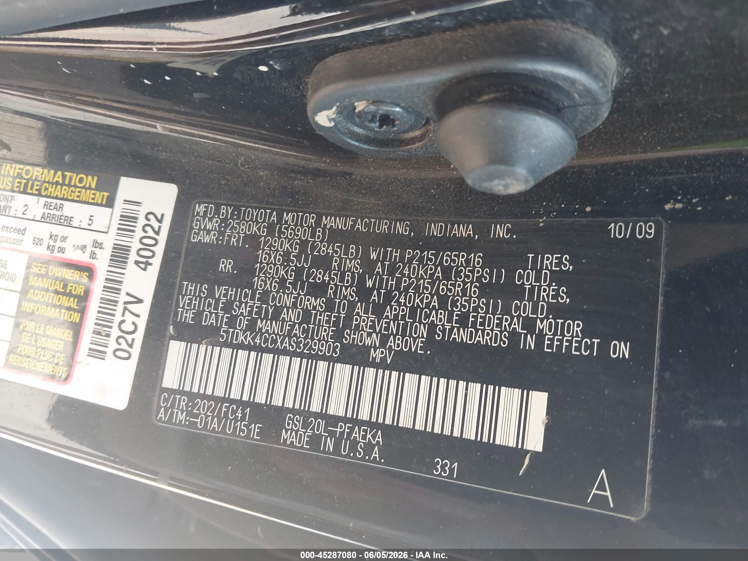 2010 Toyota Sienna Le Black vin: 5TDKK4CCXAS329903