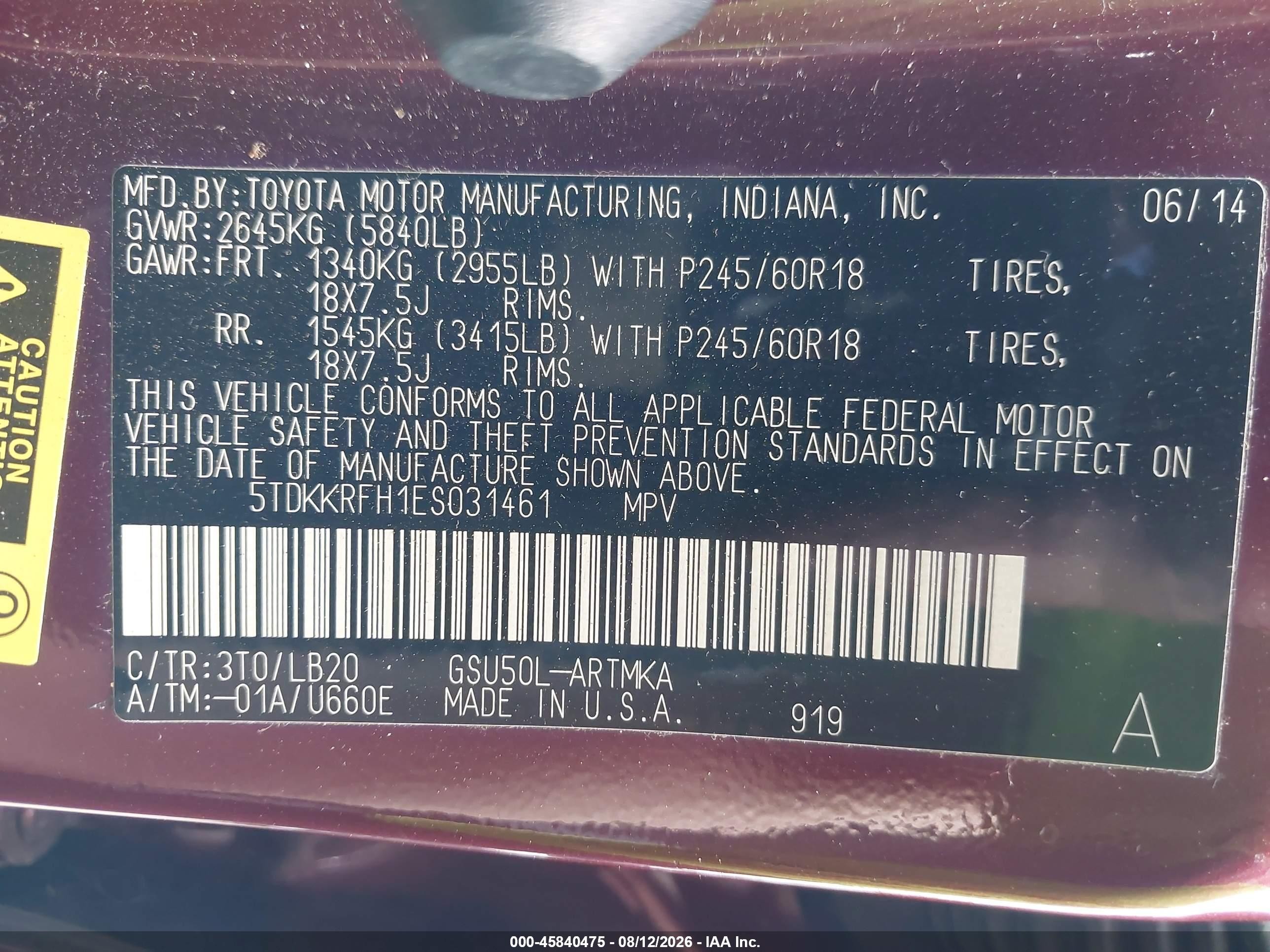 2014 Toyota Highlander Xle V6 Burgundy vin: 5TDKKRFH1ES031461