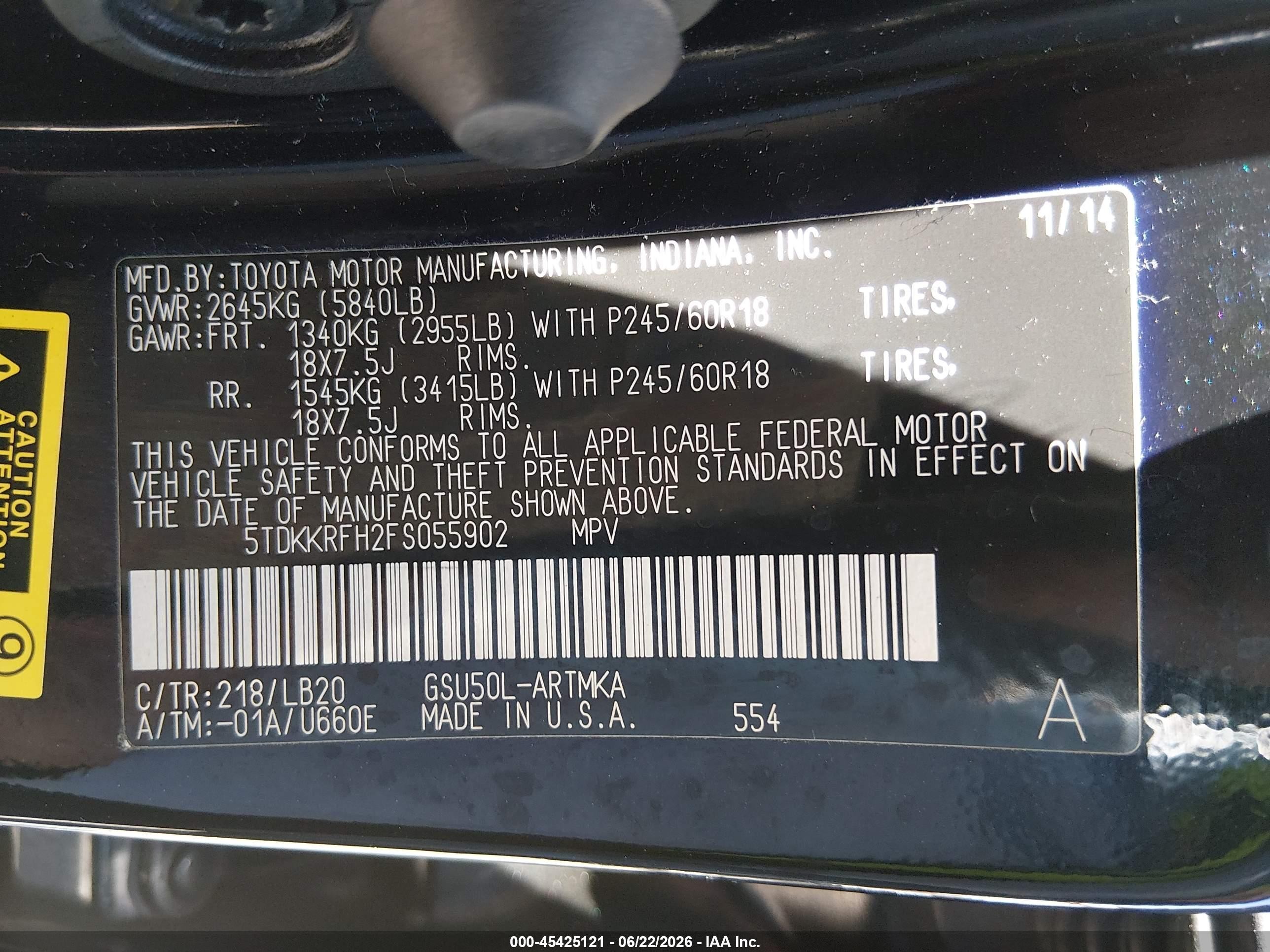 2015 Toyota Highlander Xle V6 Black vin: 5TDKKRFH2FS055902