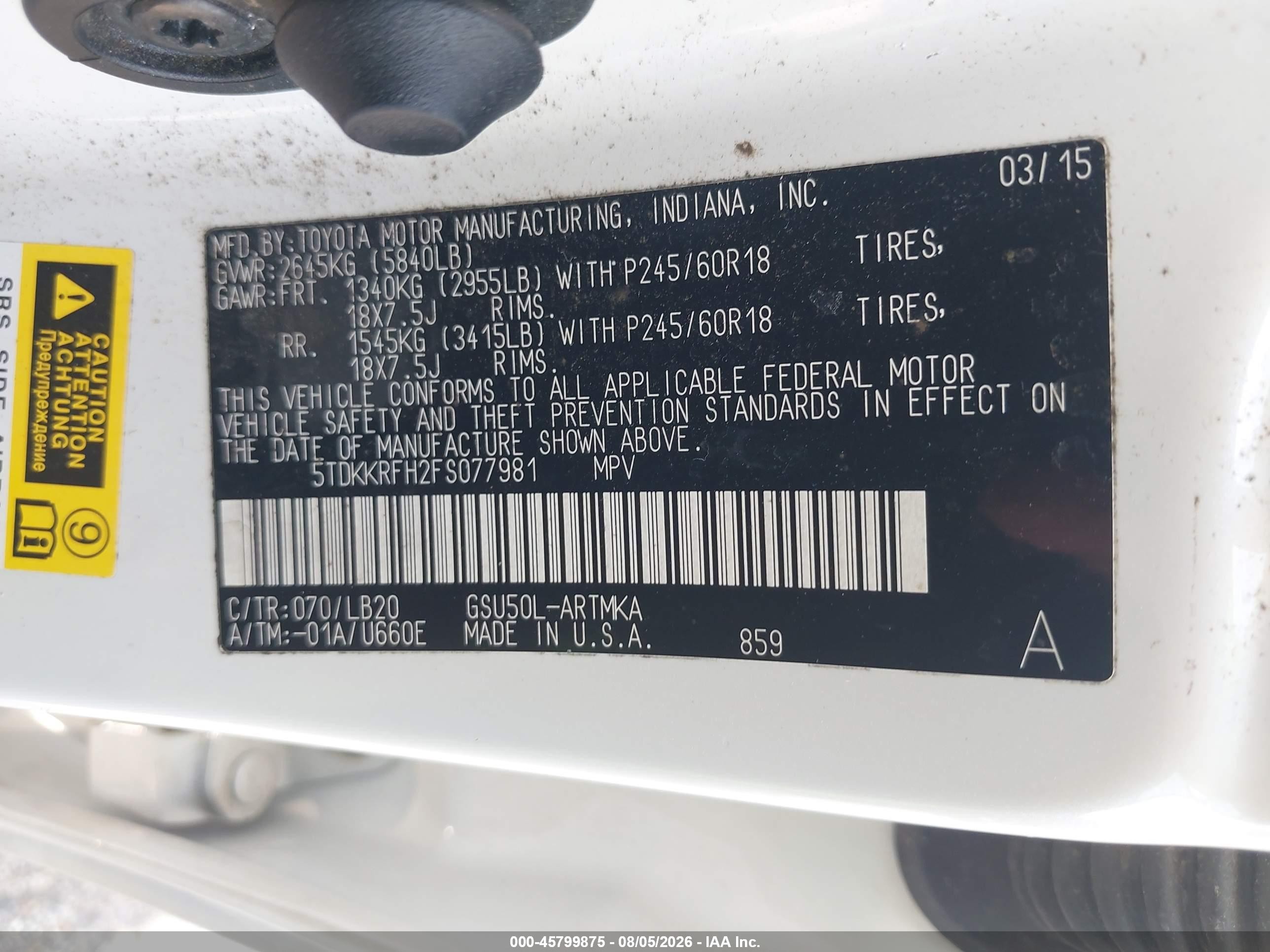 2015 Toyota Highlander Xle V6 White vin: 5TDKKRFH2FS077981