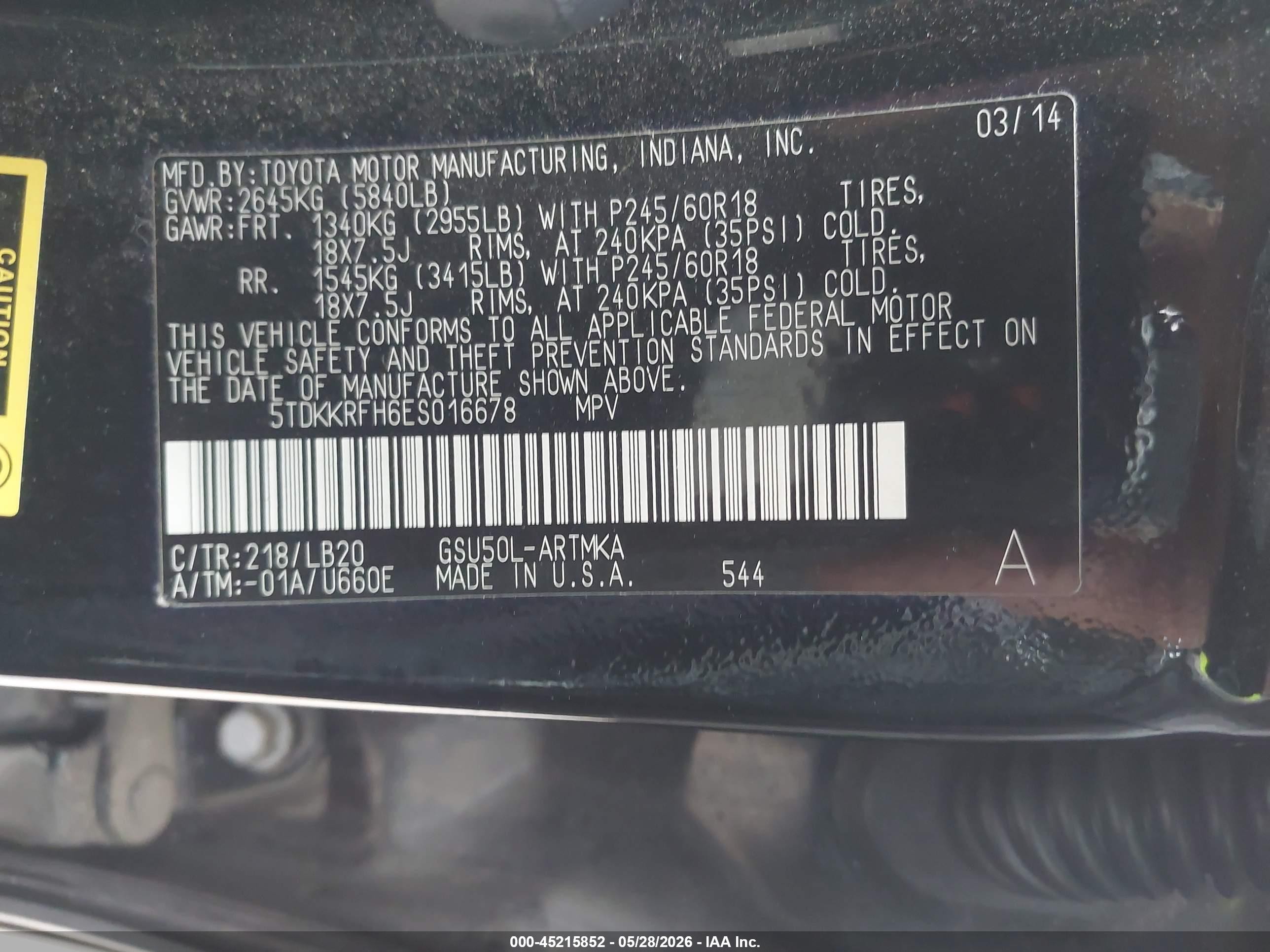 2014 Toyota Highlander Xle V6 Black vin: 5TDKKRFH6ES016678