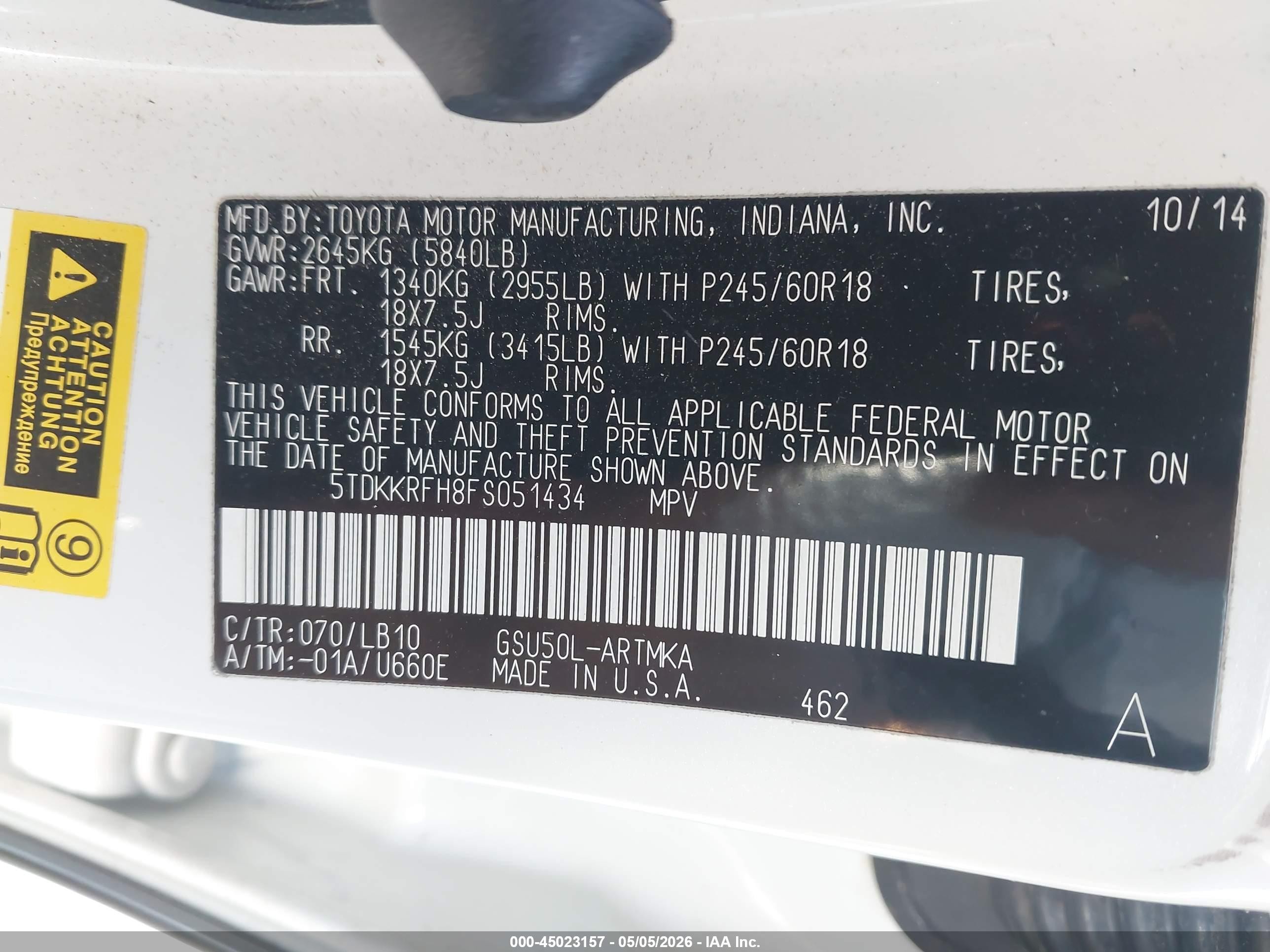 2015 Toyota Highlander Xle V6 White vin: 5TDKKRFH8FS051434