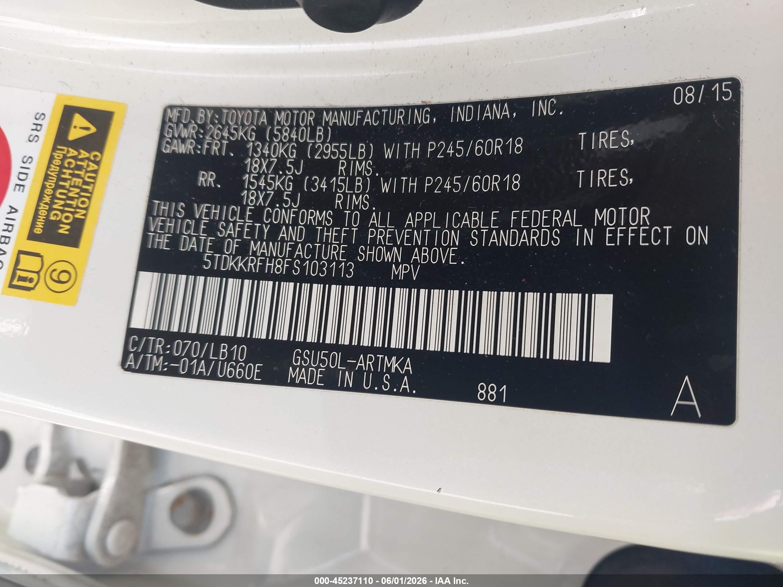 2015 Toyota Highlander Xle V6 White vin: 5TDKKRFH8FS103113