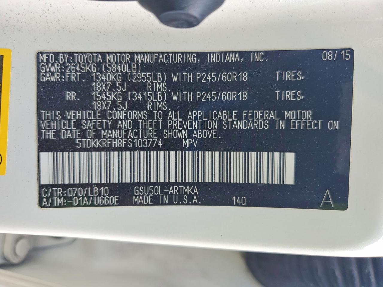 2015 Toyota Highlander Xle White vin: 5TDKKRFH8FS103774