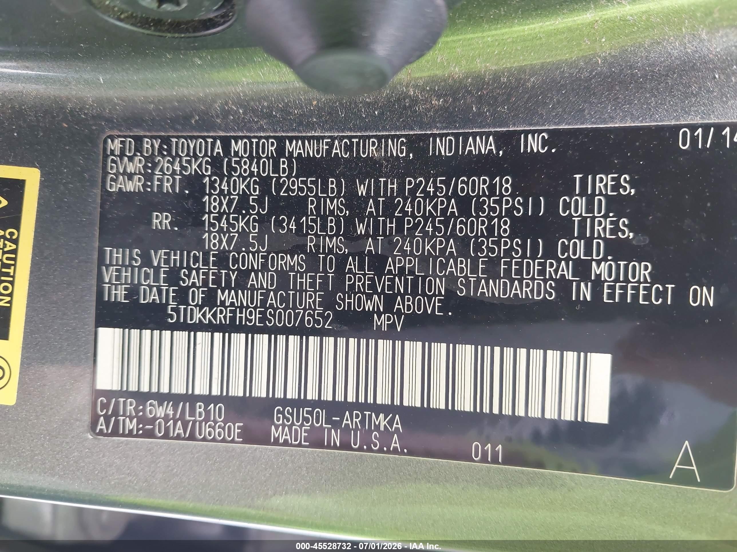 2014 Toyota Highlander Xle V6 Green vin: 5TDKKRFH9ES007652