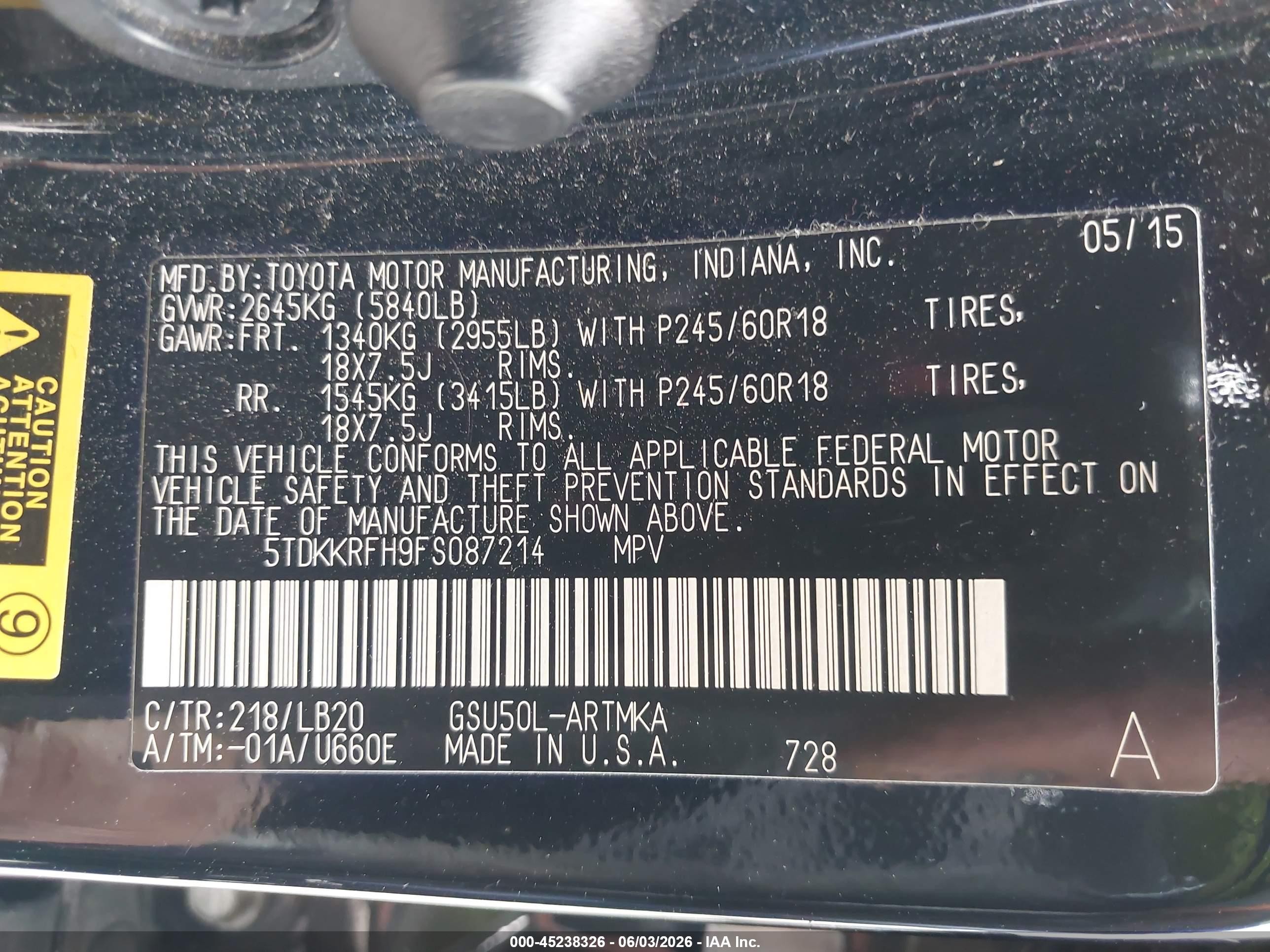 2015 Toyota Highlander Xle V6 Черный vin: 5TDKKRFH9FS087214