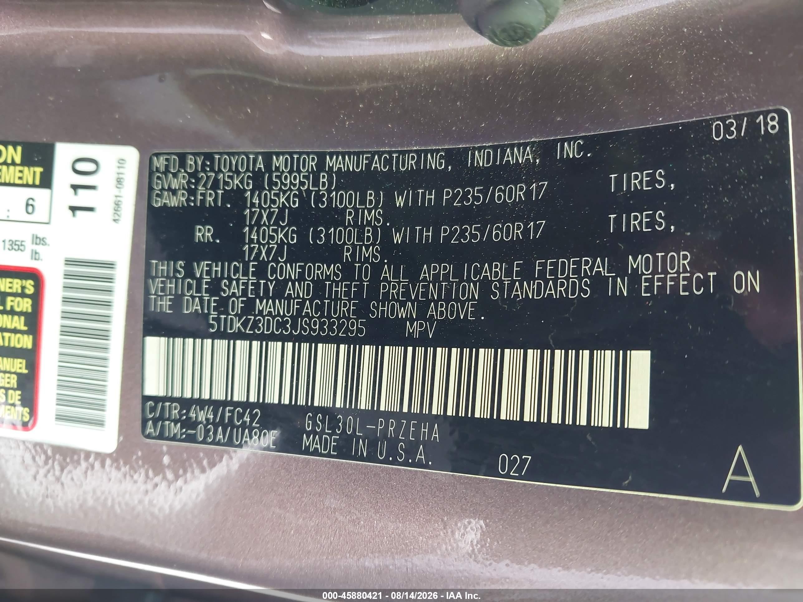2018 Toyota Sienna Le 8 Passenger Коричневый vin: 5TDKZ3DC3JS933295