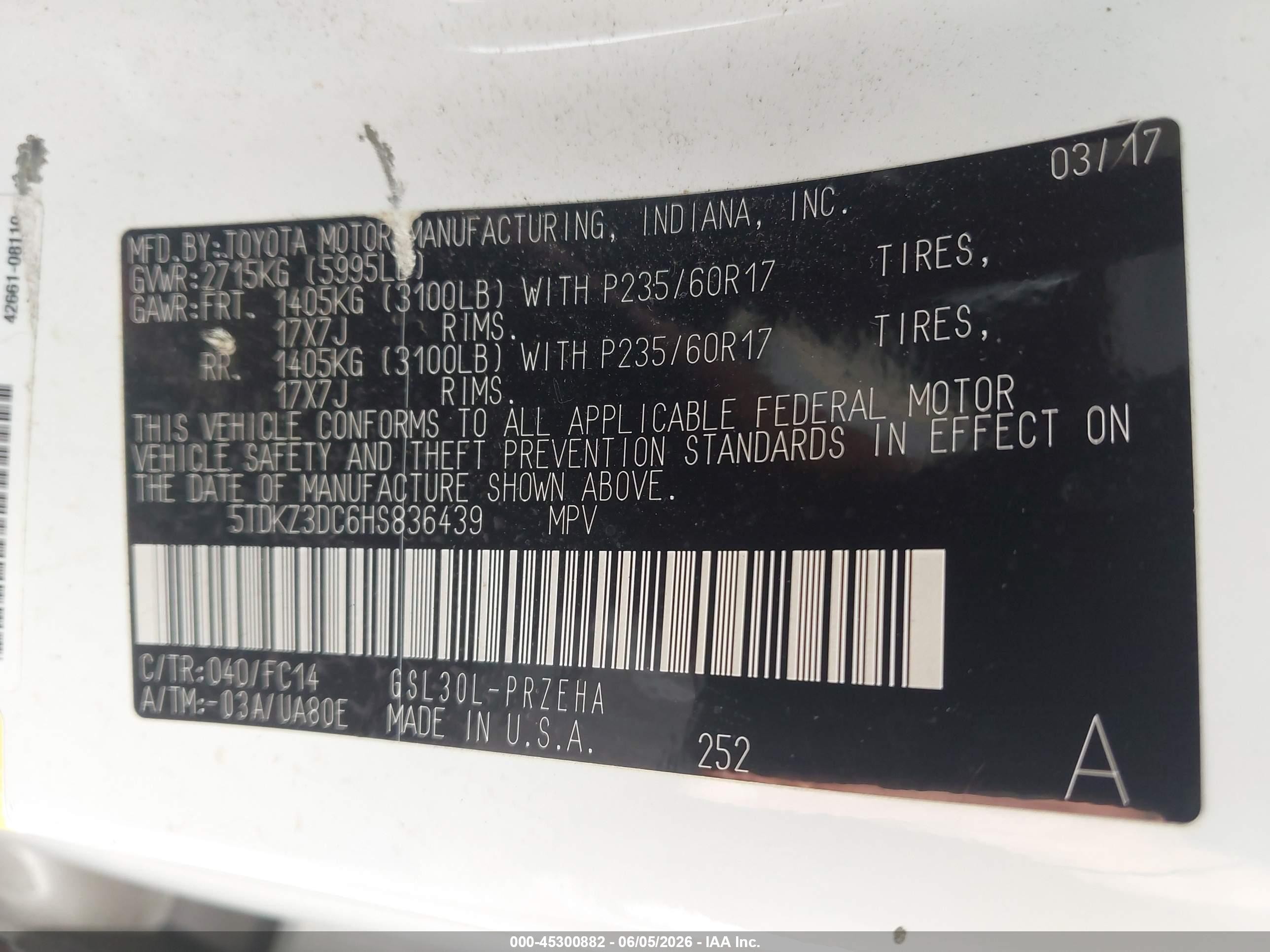 2017 Toyota Sienna Le 8 Passenger White vin: 5TDKZ3DC6HS836439