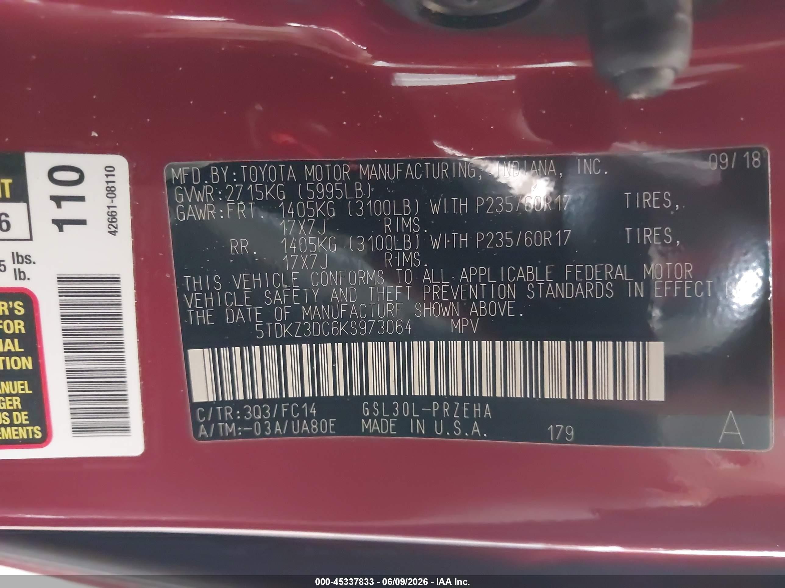 2019 Toyota Sienna Le 8 Passenger Red vin: 5TDKZ3DC6KS973064