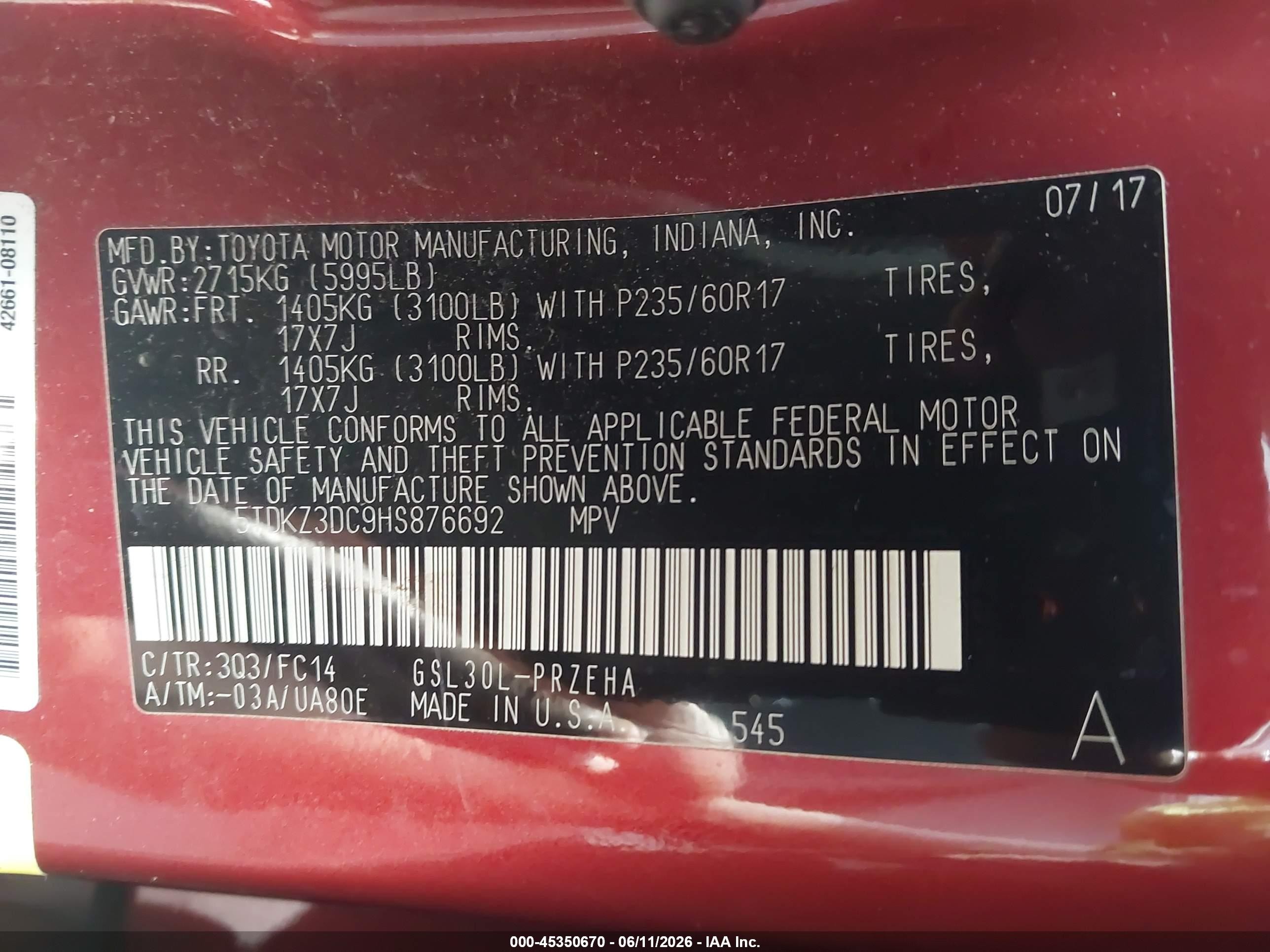 2017 Toyota Sienna Le 8 Passenger Red vin: 5TDKZ3DC9HS876692
