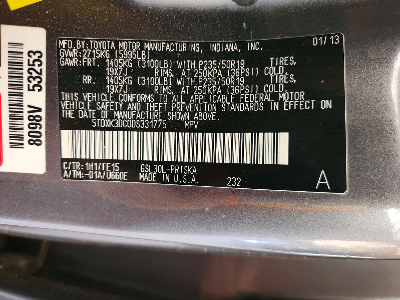 2013 Toyota Sienna Sport Gray vin: 5TDXK3DC0DS331775
