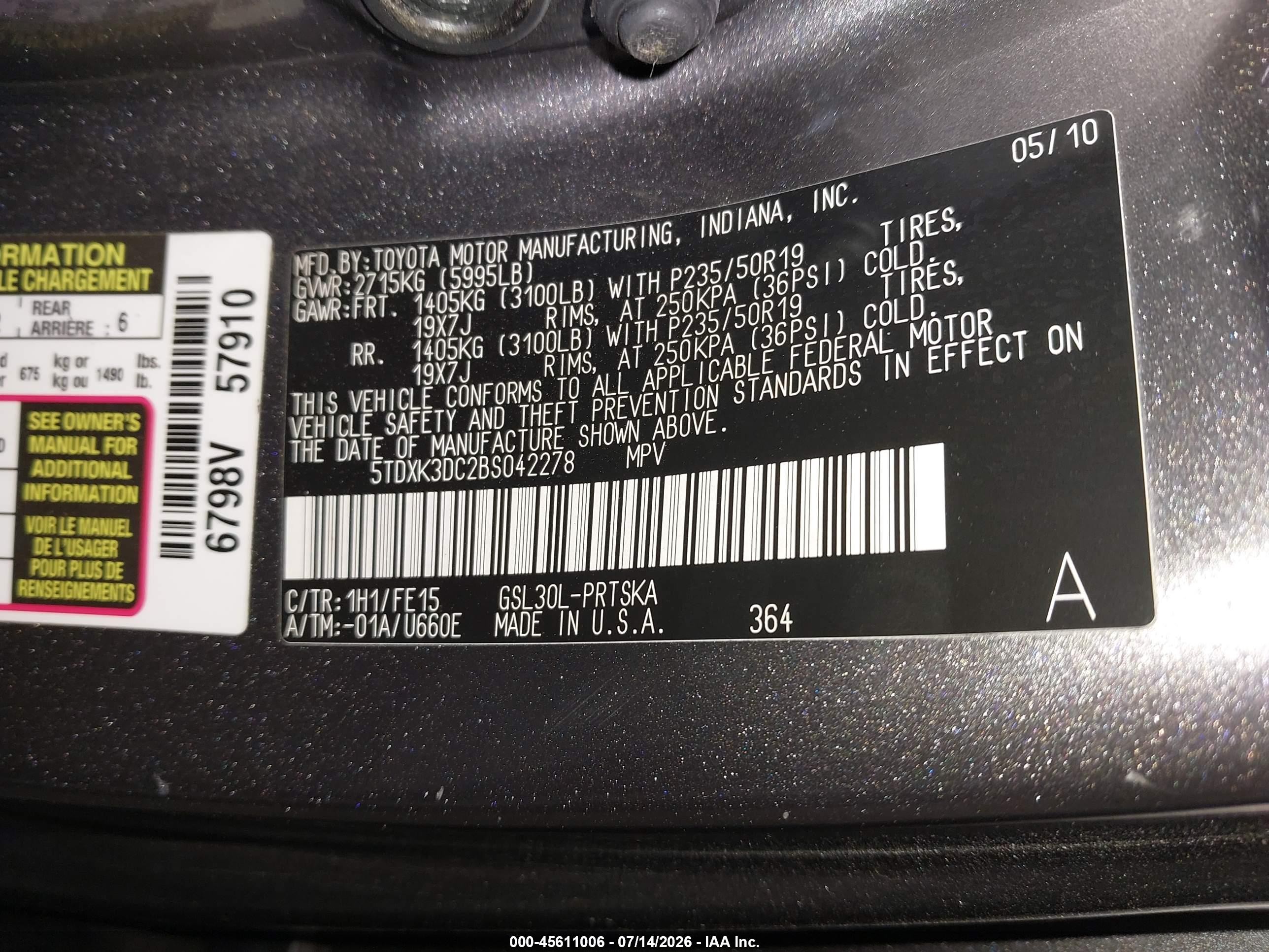 2011 Toyota Sienna Sport Gray vin: 5TDXK3DC2BS042278