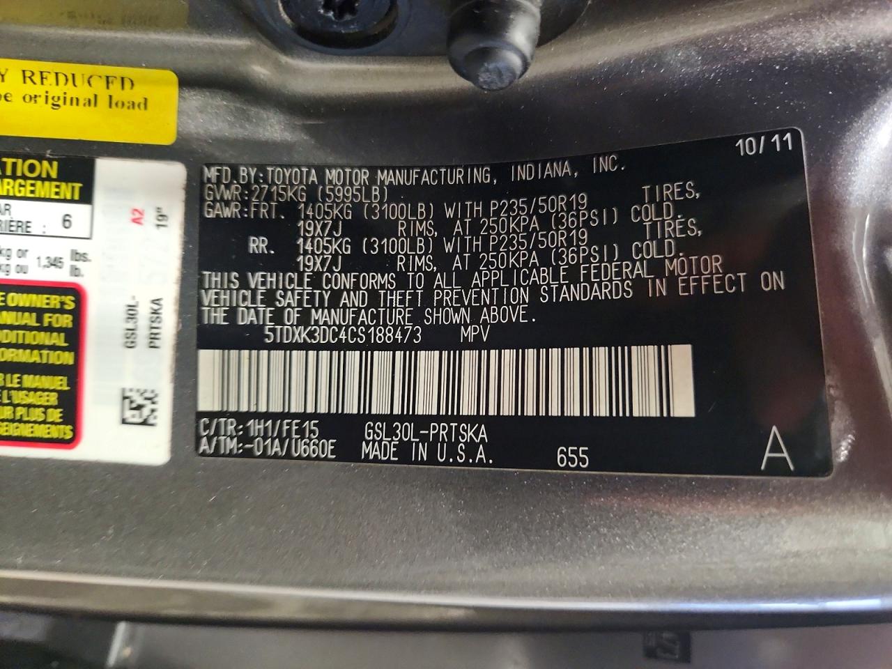 2012 Toyota Sienna Sport Gray vin: 5TDXK3DC4CS188473