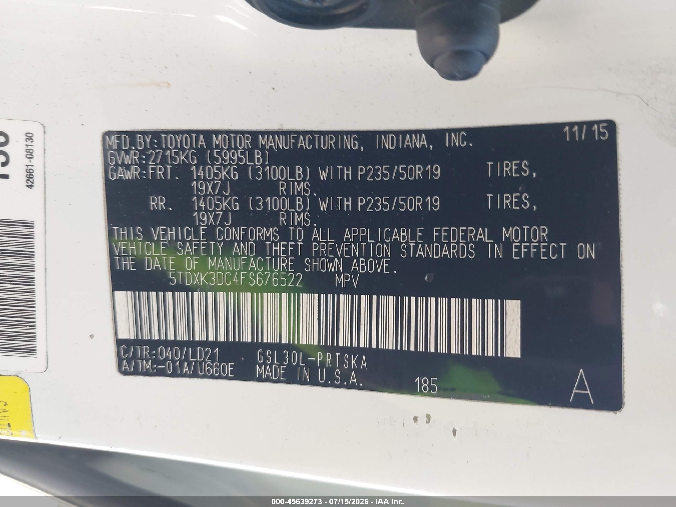 2015 Toyota Sienna Se Premium 8 Passenger White vin: 5TDXK3DC4FS676522