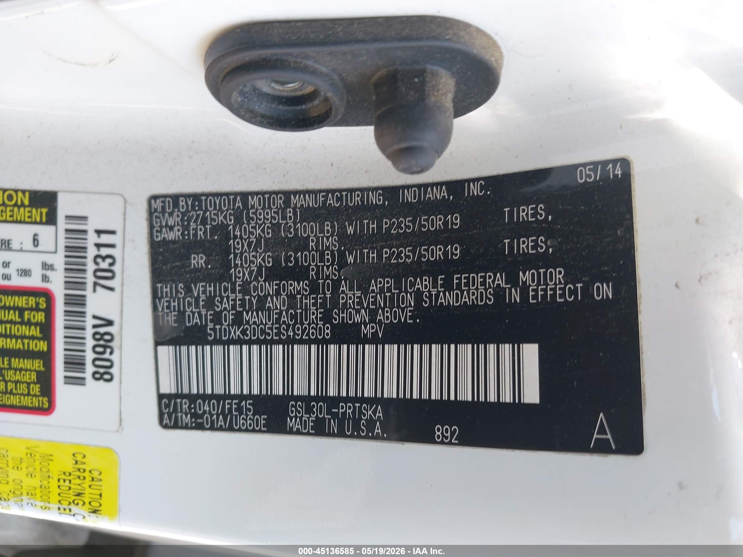 2014 Toyota Sienna Se 8 Passenger White vin: 5TDXK3DC5ES492608