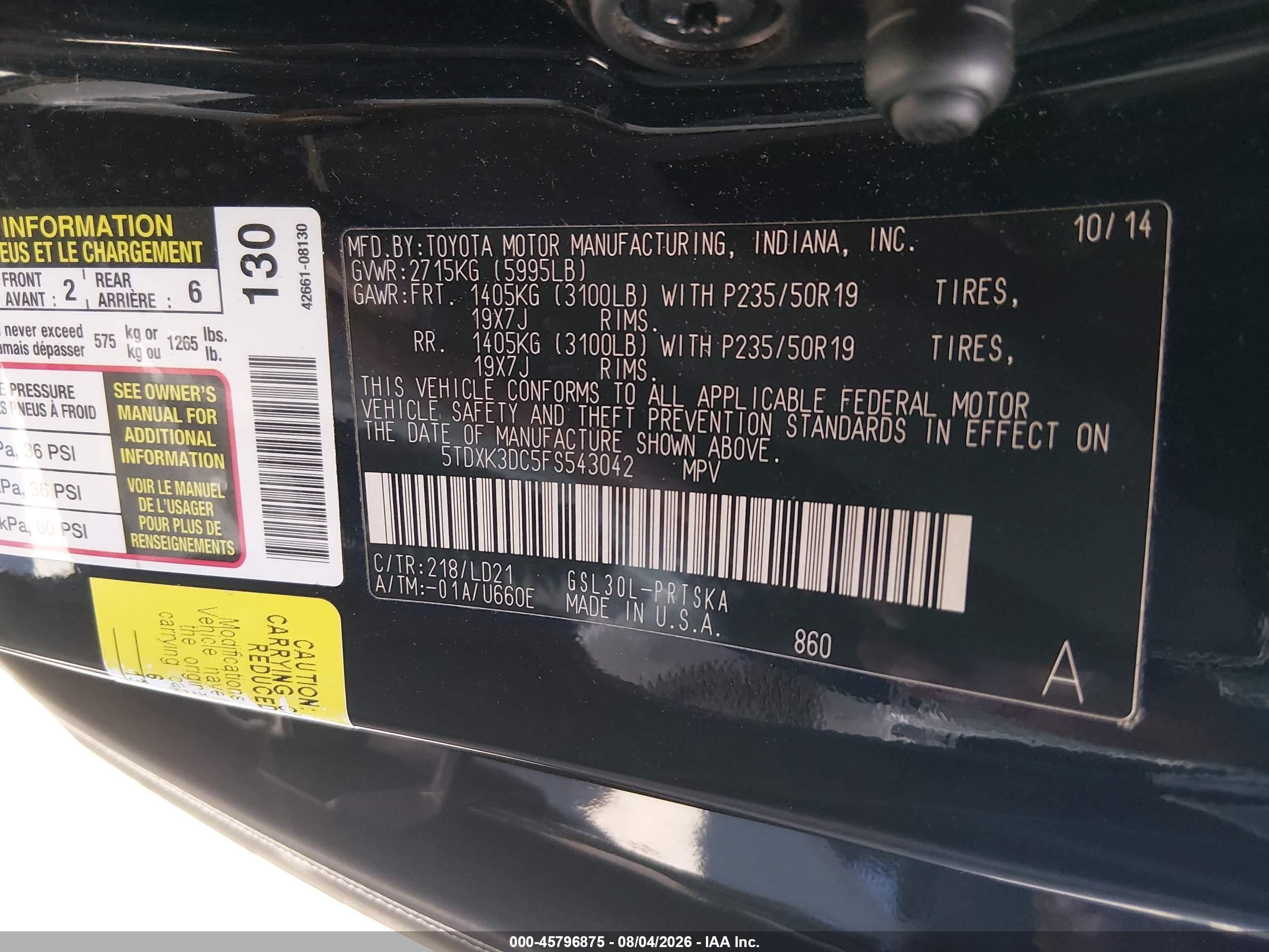 2015 Toyota Sienna Se 8 Passenger Black vin: 5TDXK3DC5FS543042