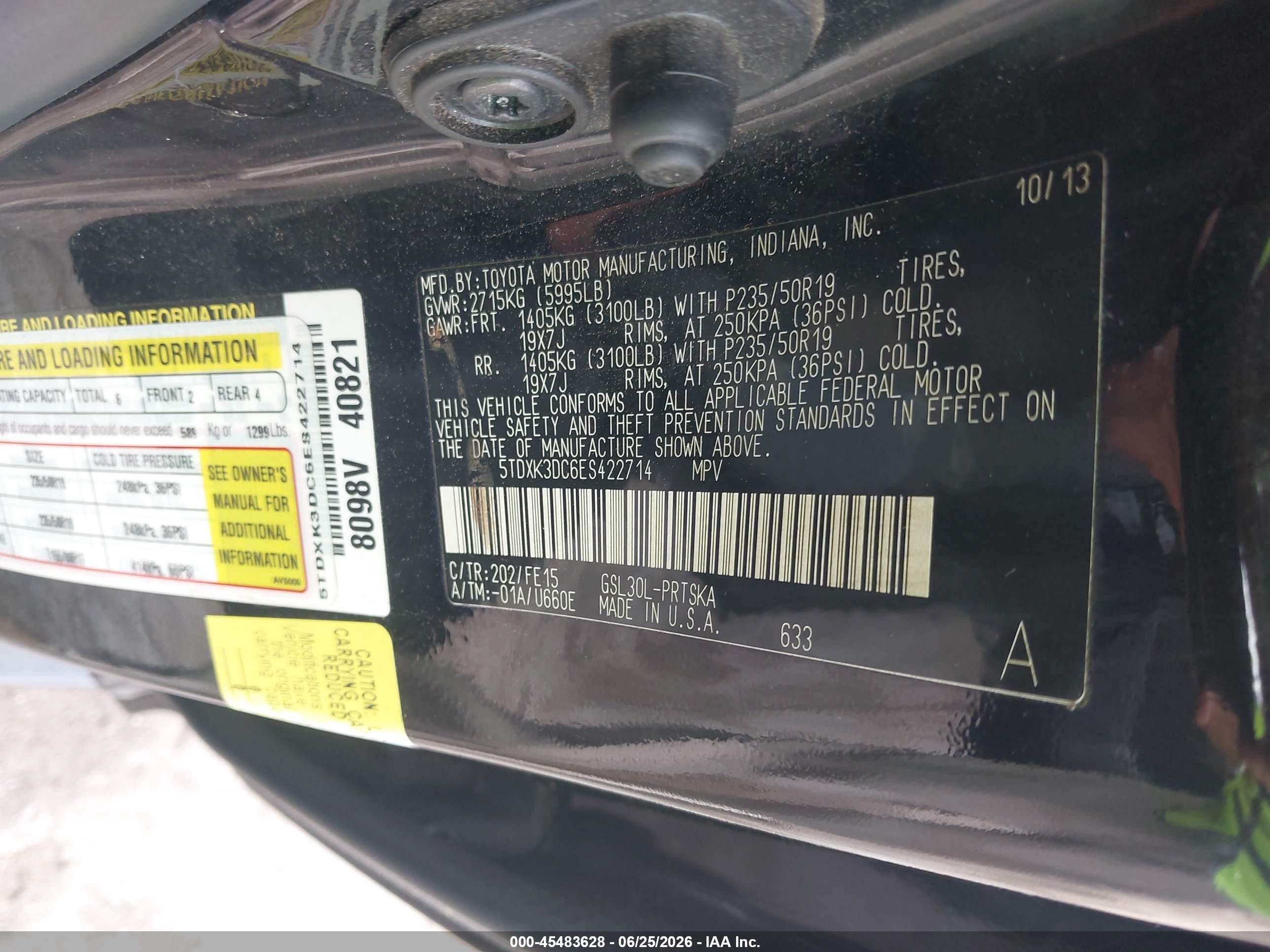 2014 Toyota Sienna Sport Black vin: 5TDXK3DC6ES422714