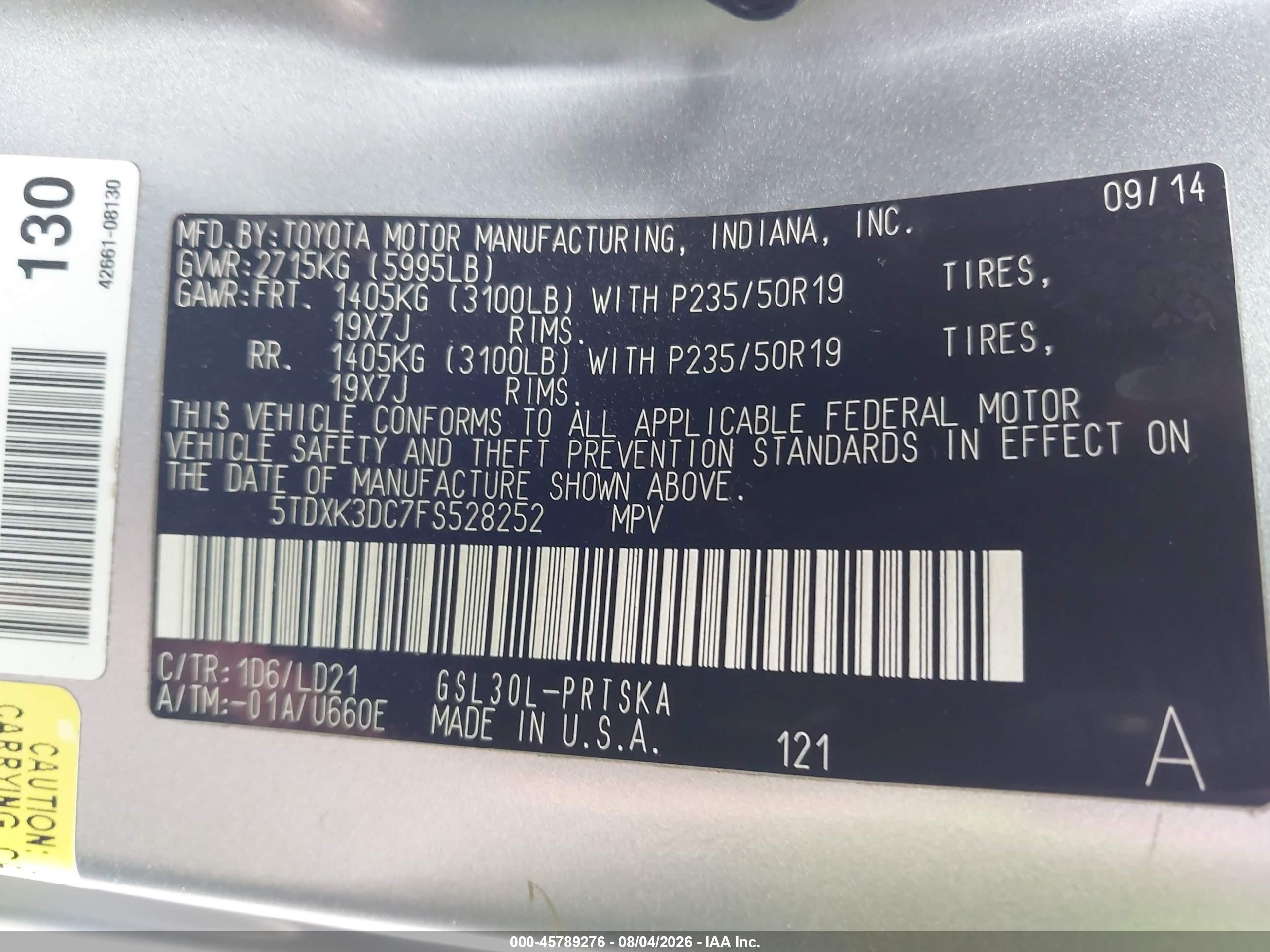 2015 Toyota Sienna Se Premium 8 Passenger Серебряный vin: 5TDXK3DC7FS528252
