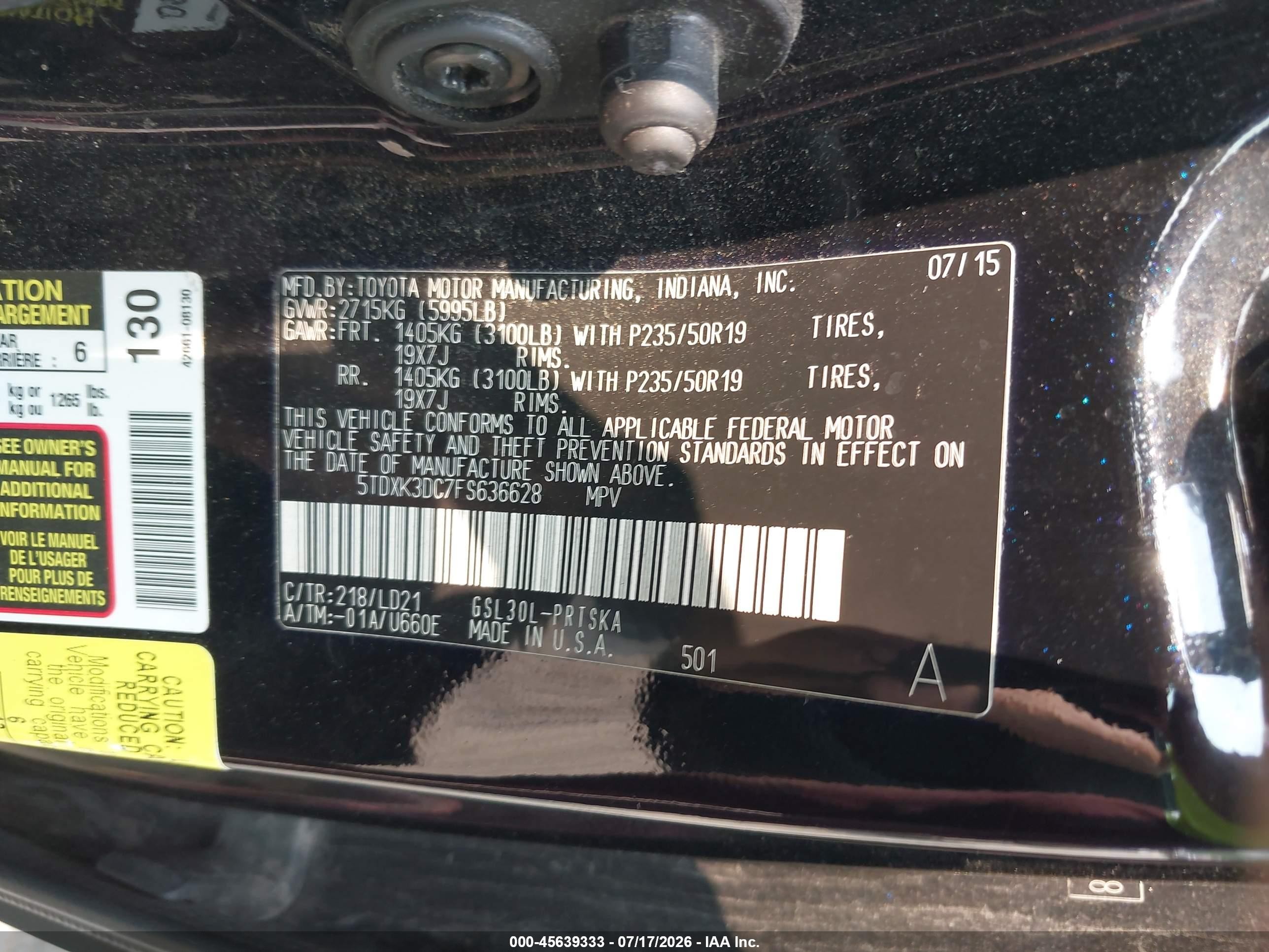 2015 Toyota Sienna Se Premium 8 Passenger Black vin: 5TDXK3DC7FS636628