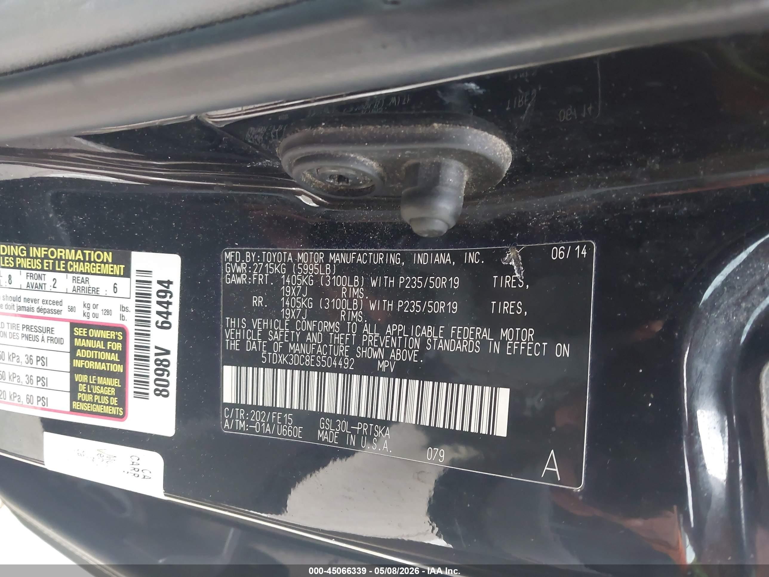 2014 Toyota Sienna Se 8 Passenger Black vin: 5TDXK3DC8ES504492