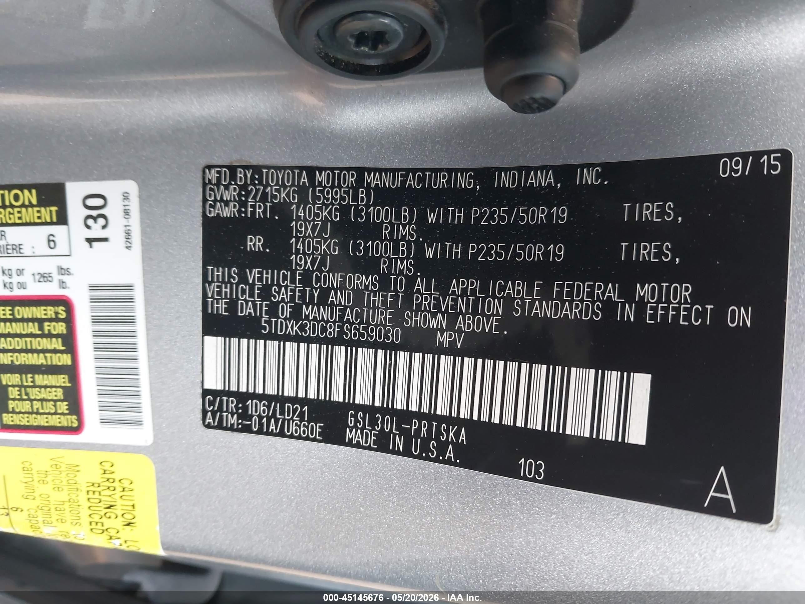 2015 Toyota Sienna Se 8 Passenger Light Blue vin: 5TDXK3DC8FS659030