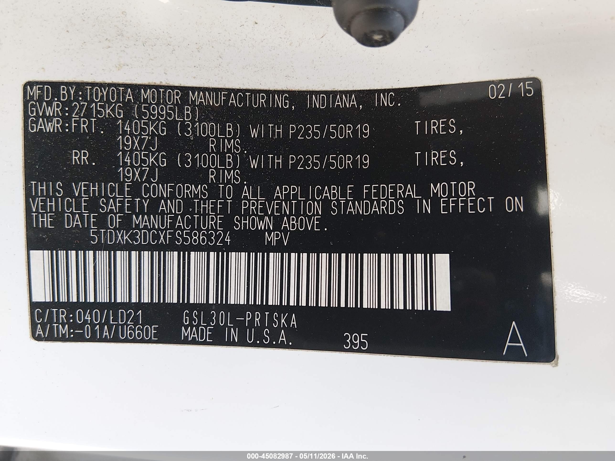 2015 Toyota Sienna Se 8 Passenger Белый vin: 5TDXK3DCXFS586324