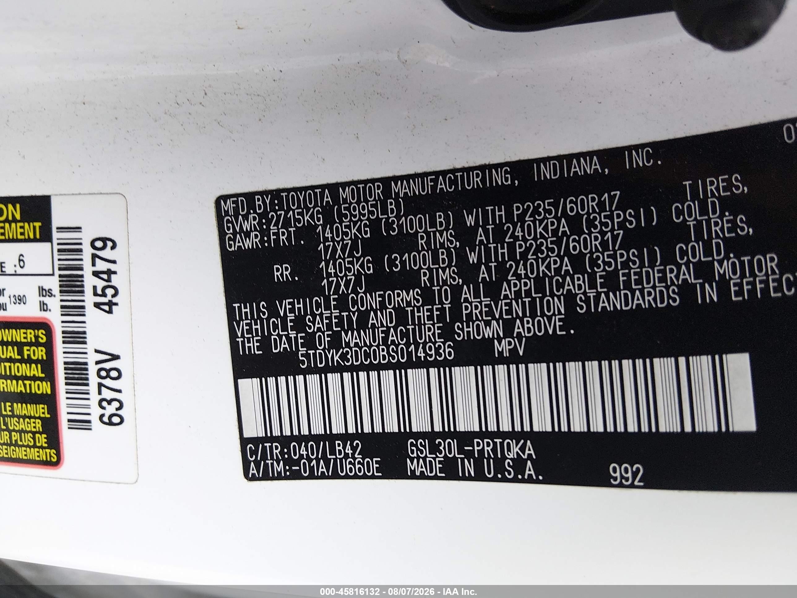 2011 Toyota Sienna Xle V6 White vin: 5TDYK3DC0BS014936