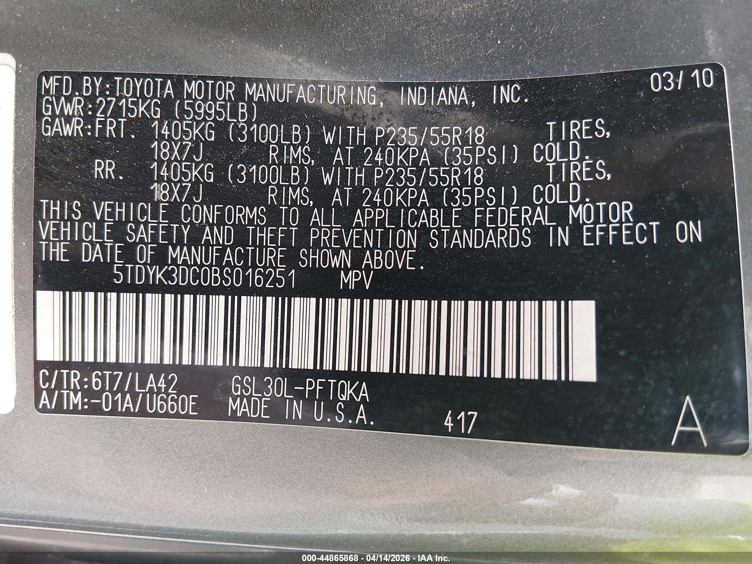 2011 Toyota Sienna Limited V6 Green vin: 5TDYK3DC0BS016251