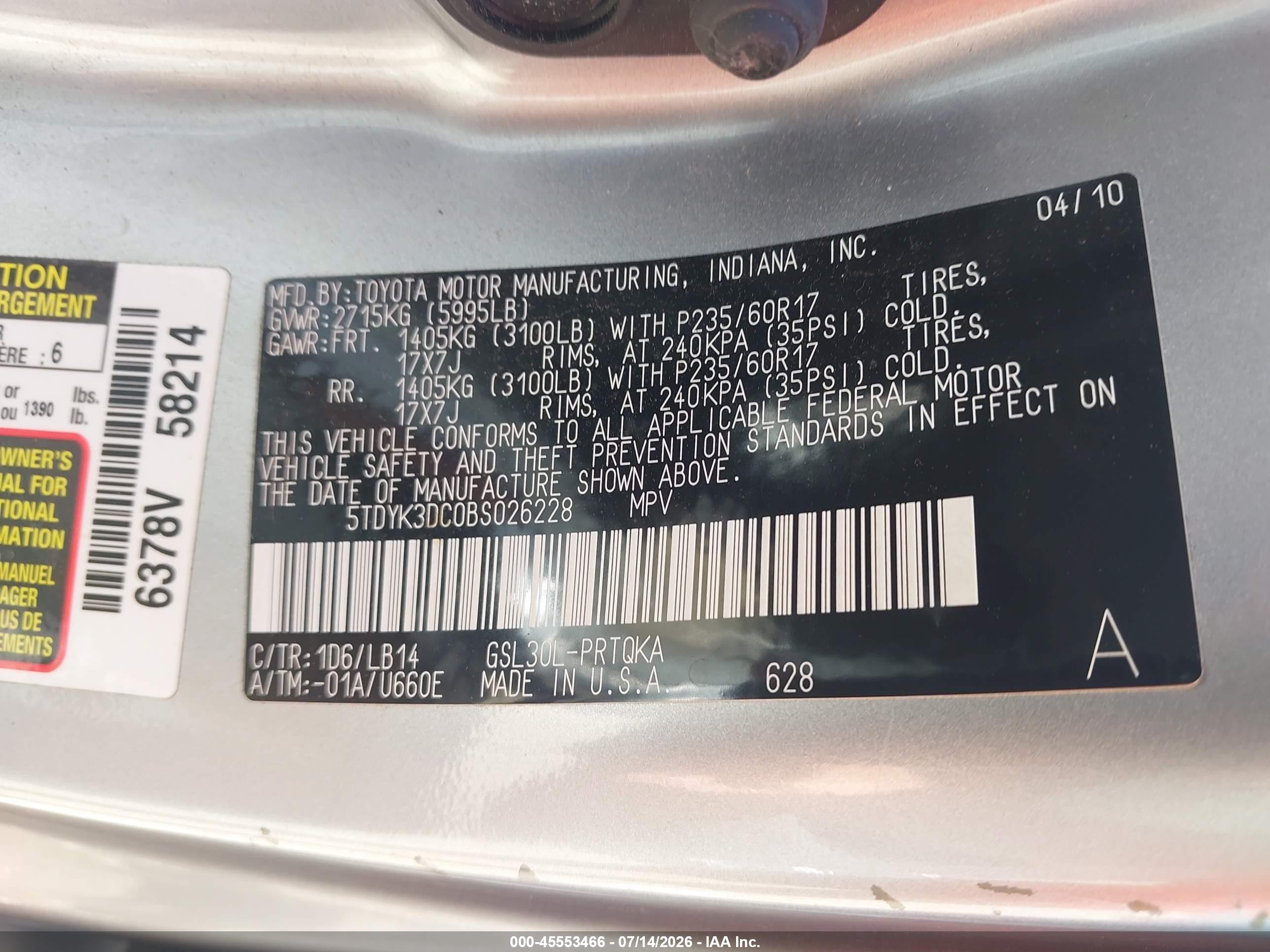 2011 Toyota Sienna Xle V6 Silver vin: 5TDYK3DC0BS026228