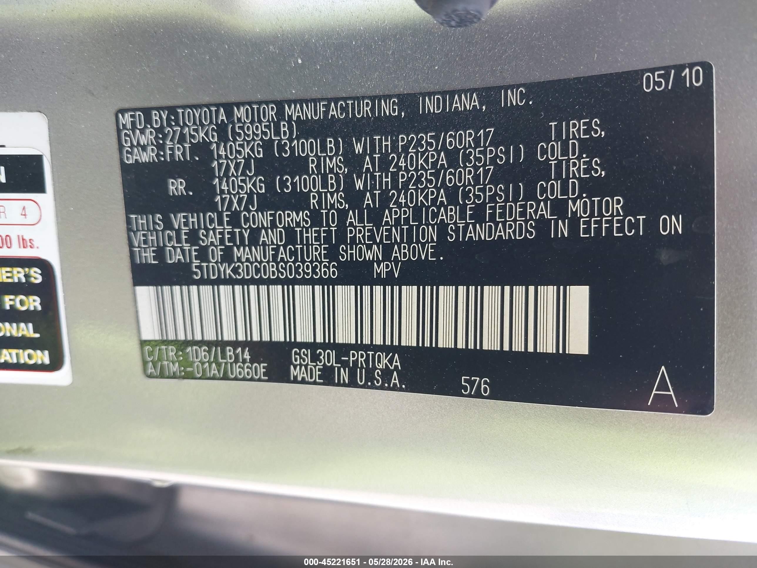 2011 Toyota Sienna Xle V6 Silver vin: 5TDYK3DC0BS039366