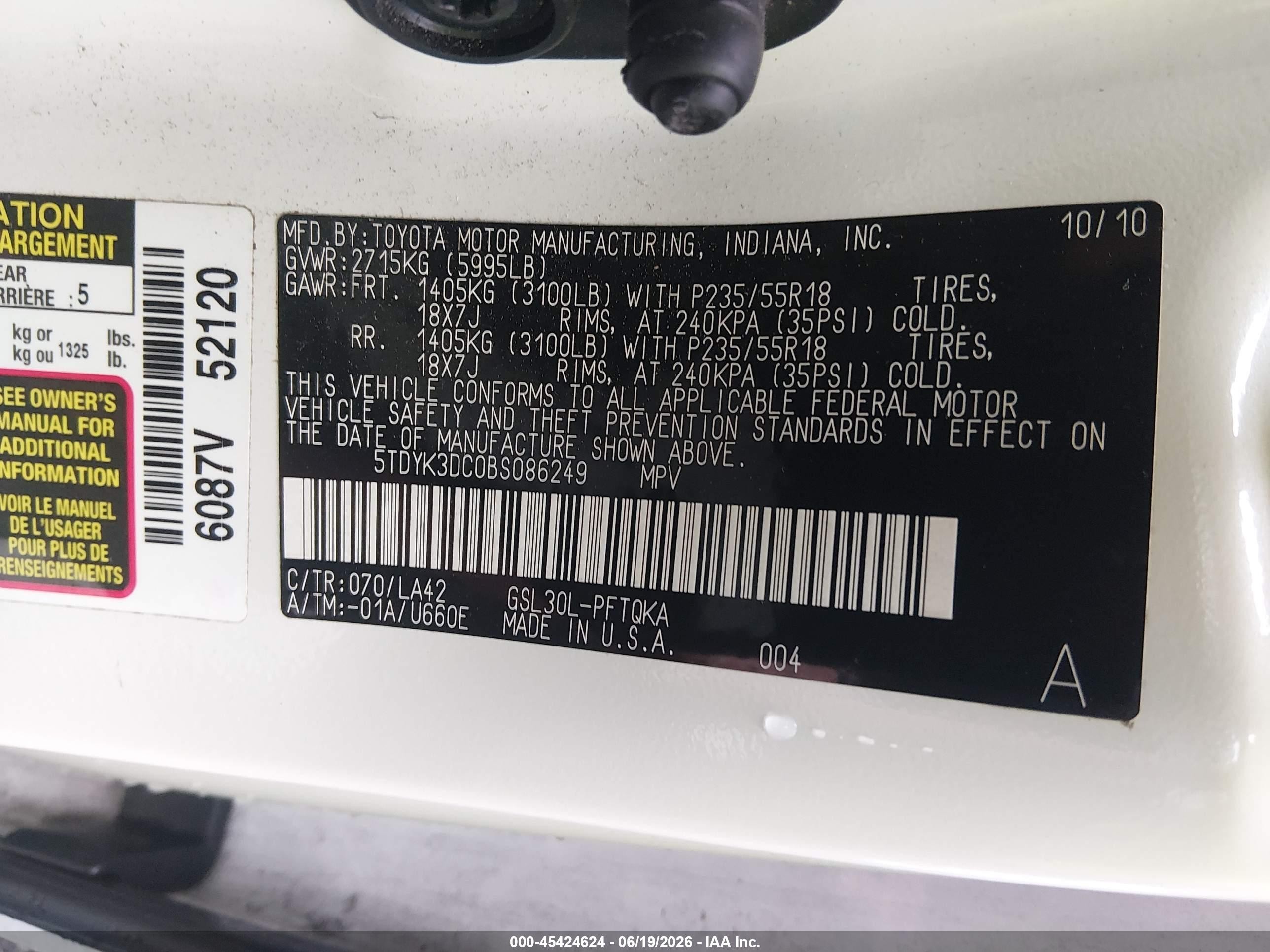 2011 Toyota Sienna Limited V6 White vin: 5TDYK3DC0BS086249