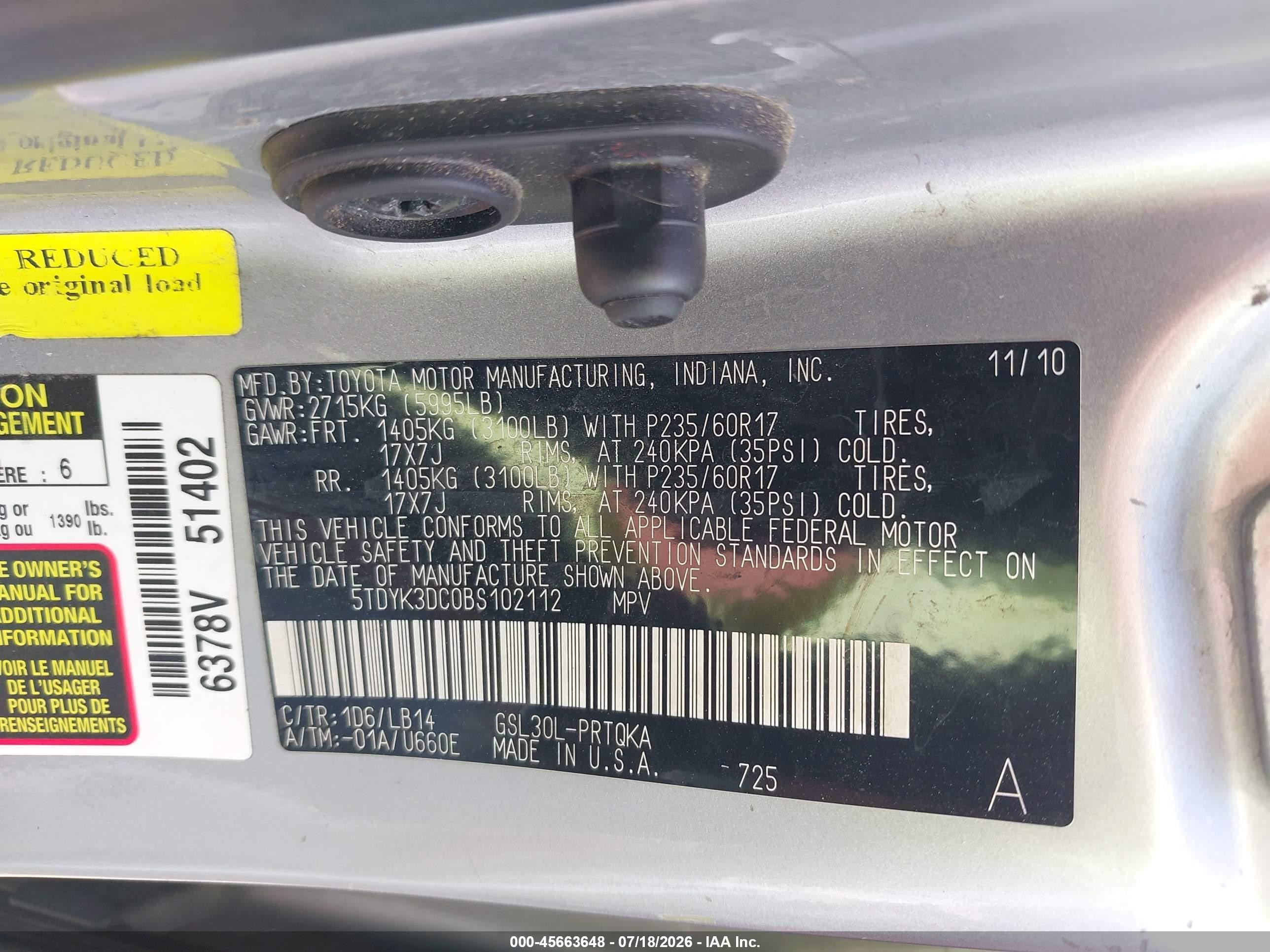 2011 Toyota Sienna Xle V6 Silver vin: 5TDYK3DC0BS102112