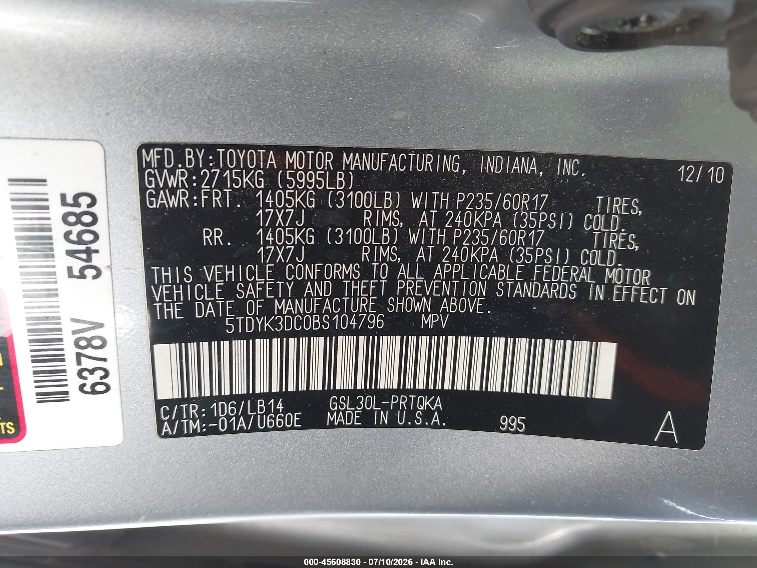 2011 Toyota Sienna Xle V6 Silver vin: 5TDYK3DC0BS104796