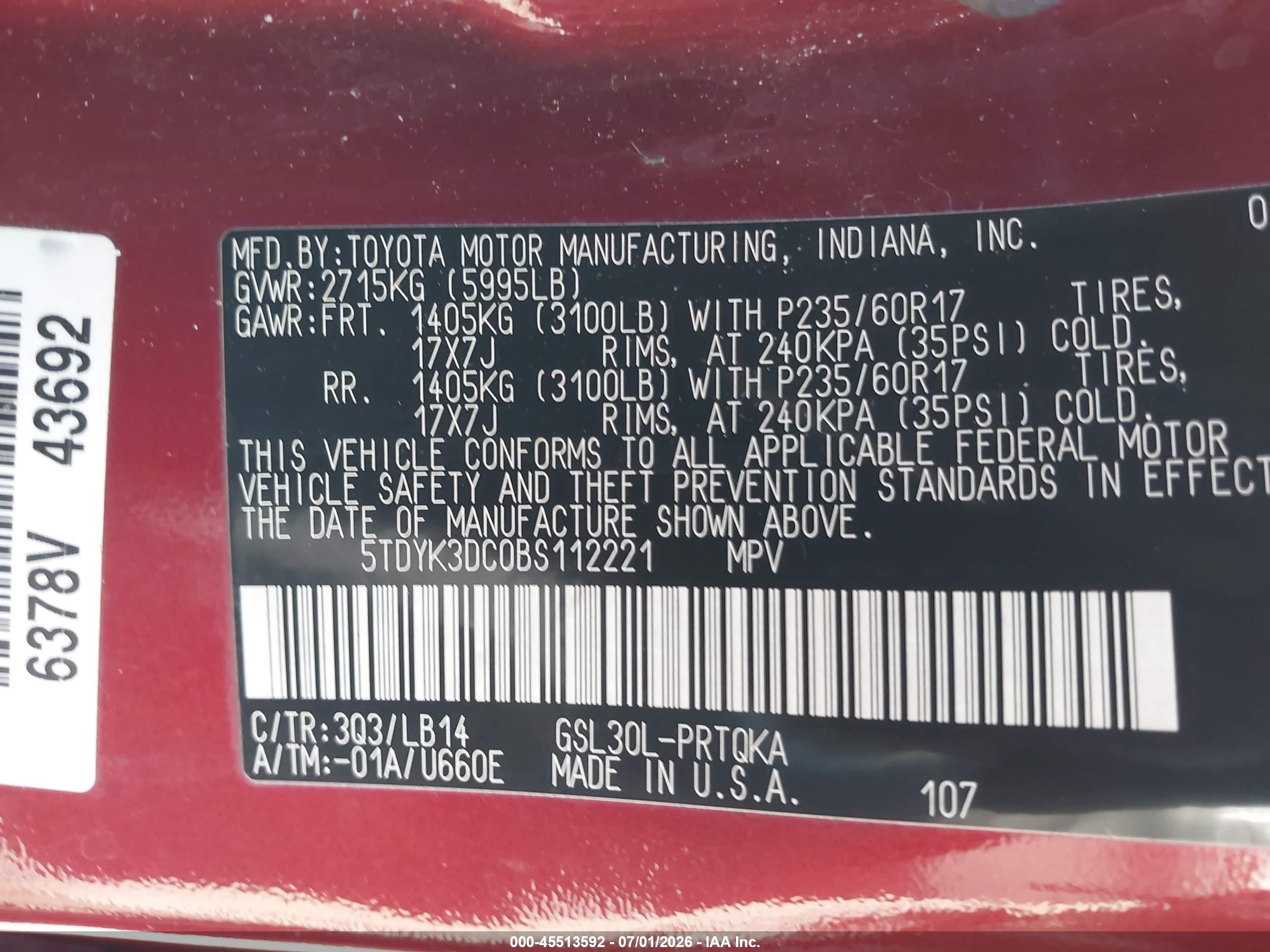 2011 Toyota Sienna Xle/limited Burgundy vin: 5TDYK3DC0BS112221