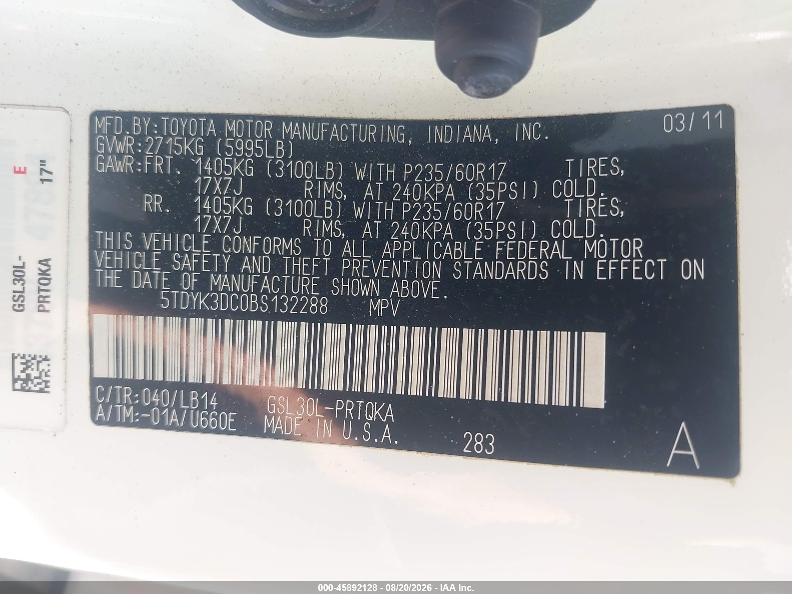 2011 Toyota Sienna Xle V6 Белый vin: 5TDYK3DC0BS132288