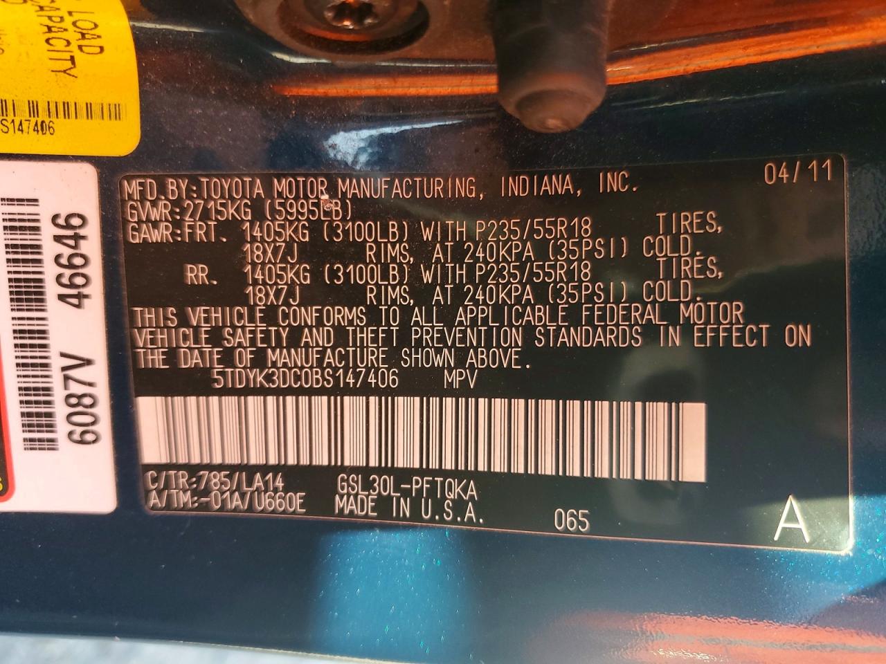 2011 Toyota Sienna Limited 7-passenger Blue vin: 5TDYK3DC0BS147406