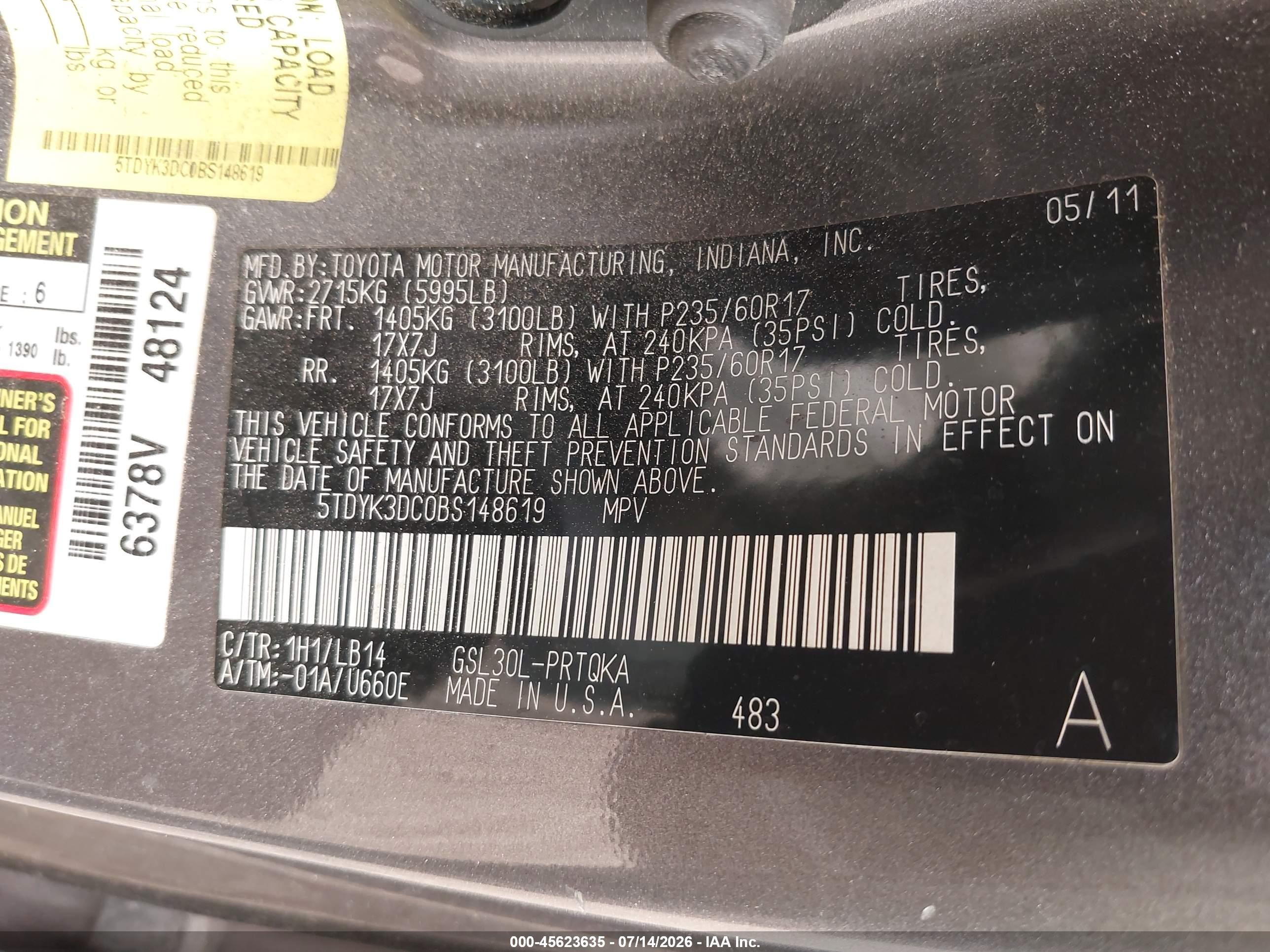 2011 Toyota Sienna Xle V6 Gray vin: 5TDYK3DC0BS148619