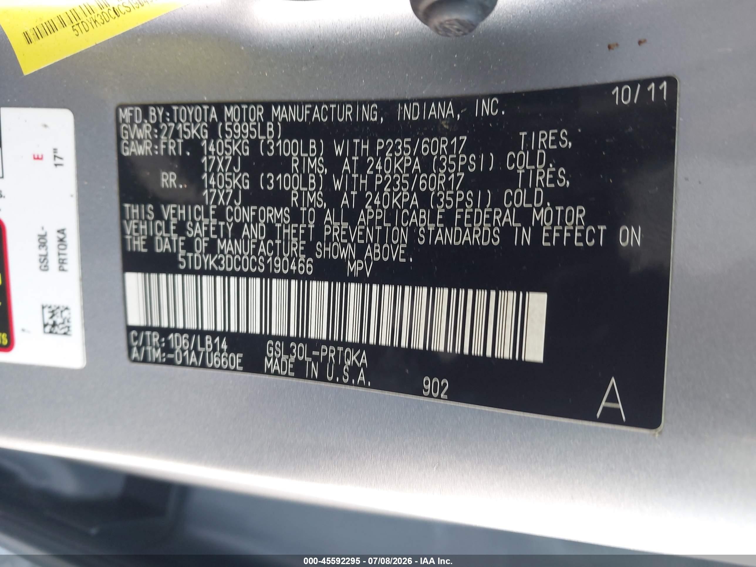2012 Toyota Sienna Xle V6 8 Passenger Silver vin: 5TDYK3DC0CS190466