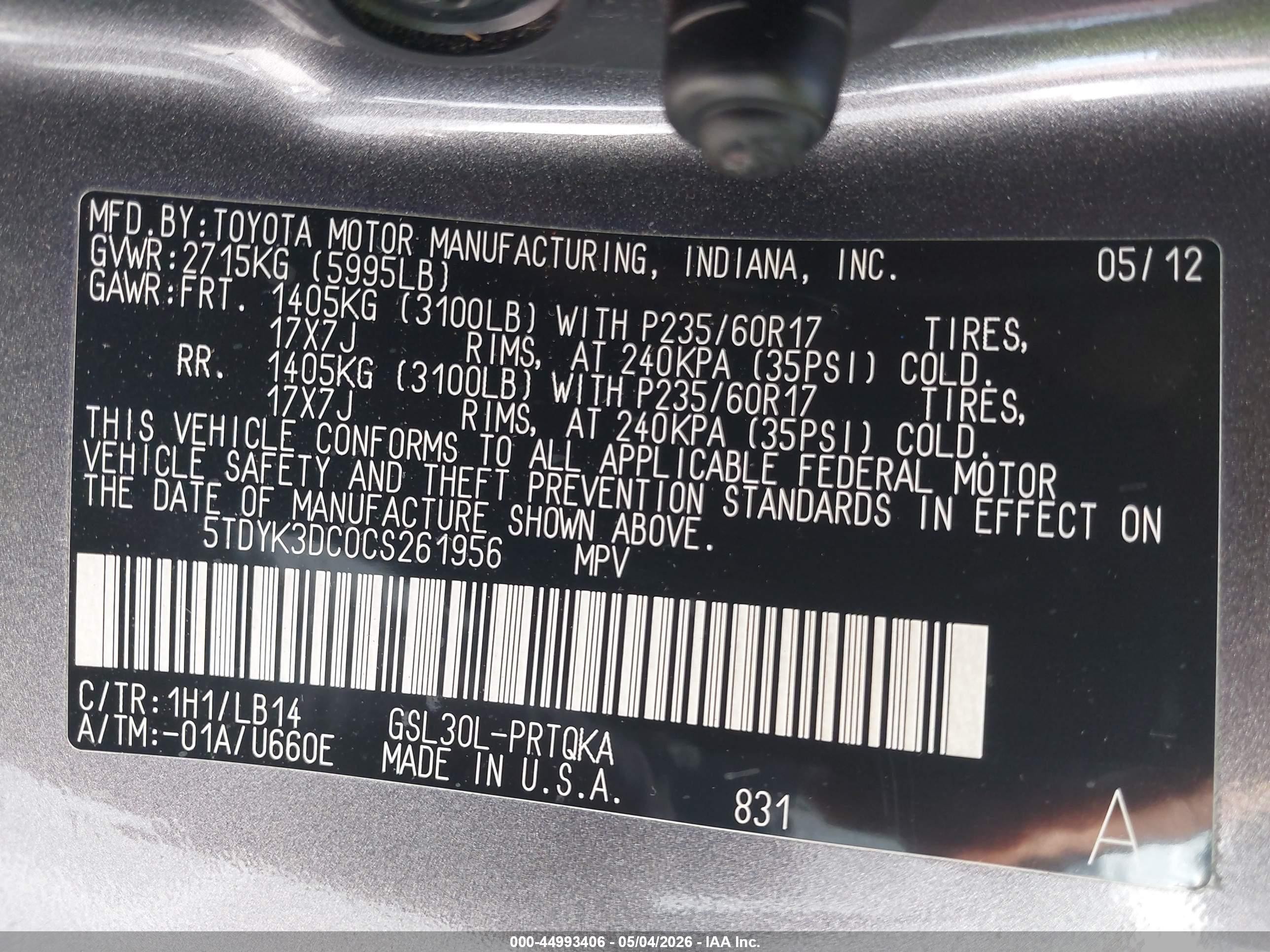 2012 Toyota Sienna Xle V6 8 Passenger Gold vin: 5TDYK3DC0CS261956
